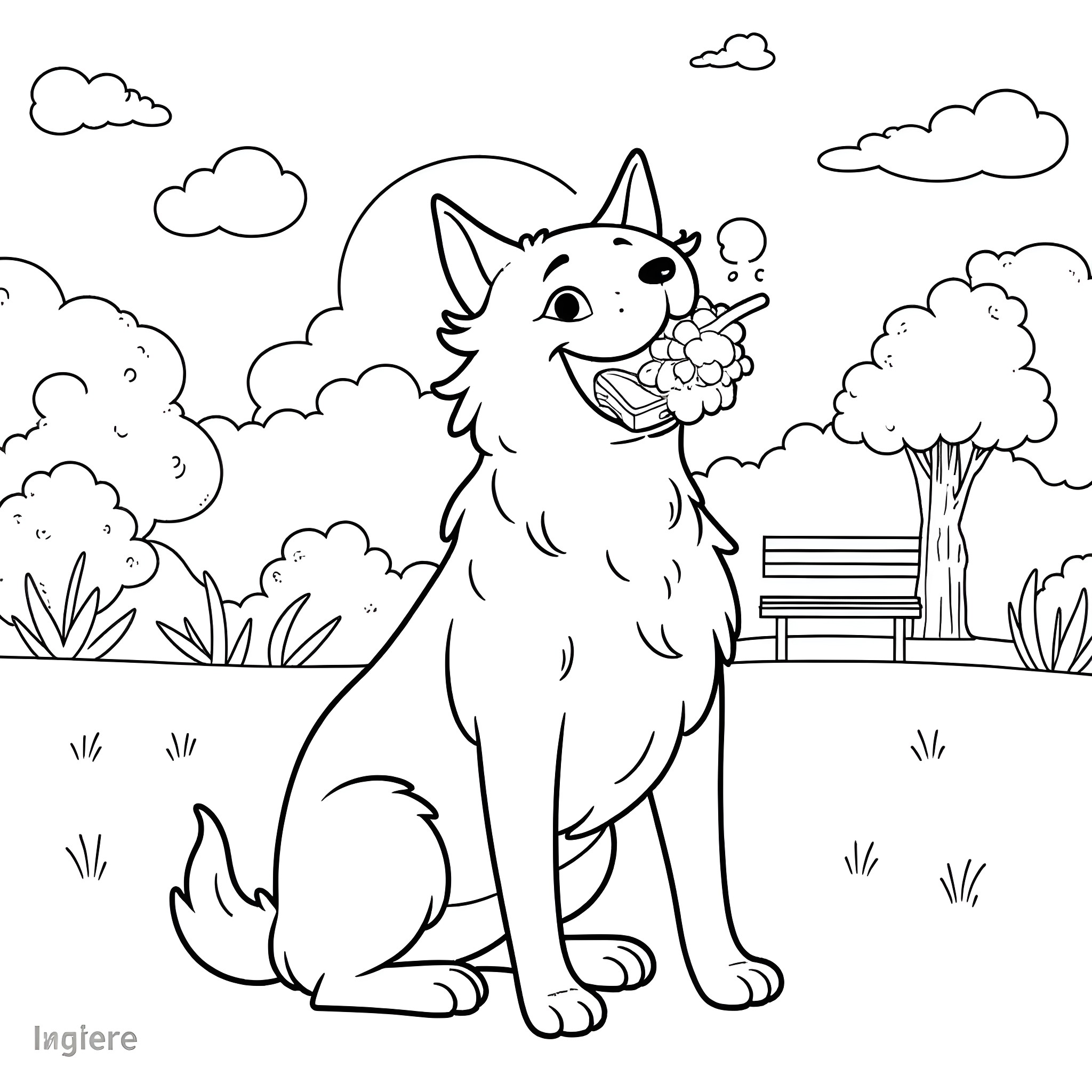 Dog enjoying a flower in the park Coloring Page (free black-and-white line drawing printable PDF for all, from beginners to advanced learners, including children, teens, adults, and seniors)