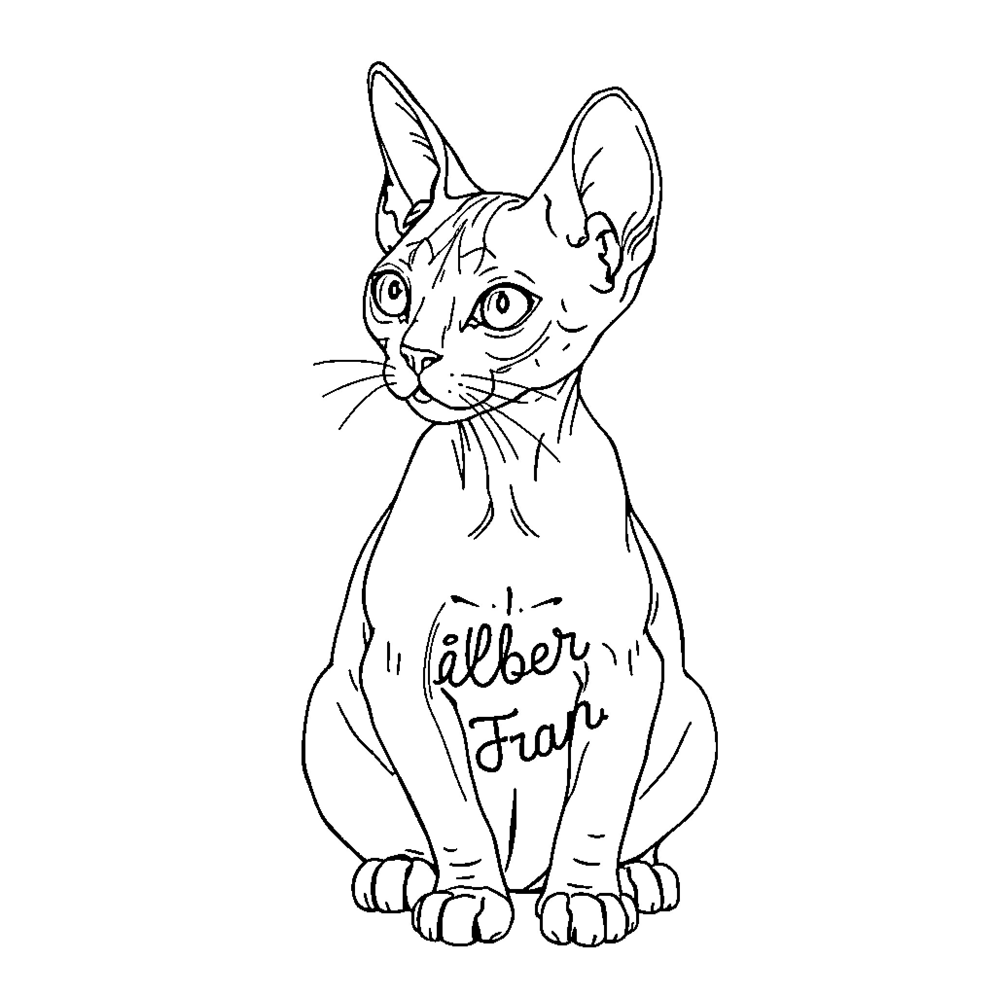 Sphynx Cat with Silly Expression Coloring Page (free black-and-white line drawing printable PDF for all, from beginners to advanced learners, including children, teens, adults, and seniors)