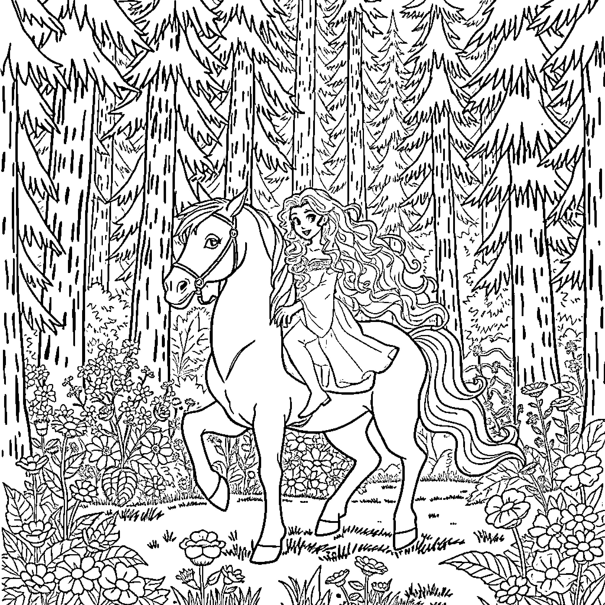 Merida riding her horse through the enchanted forest Coloring Page (free black-and-white line drawing printable PDF for all, from beginners to advanced learners, including children, teens, adults, and seniors)