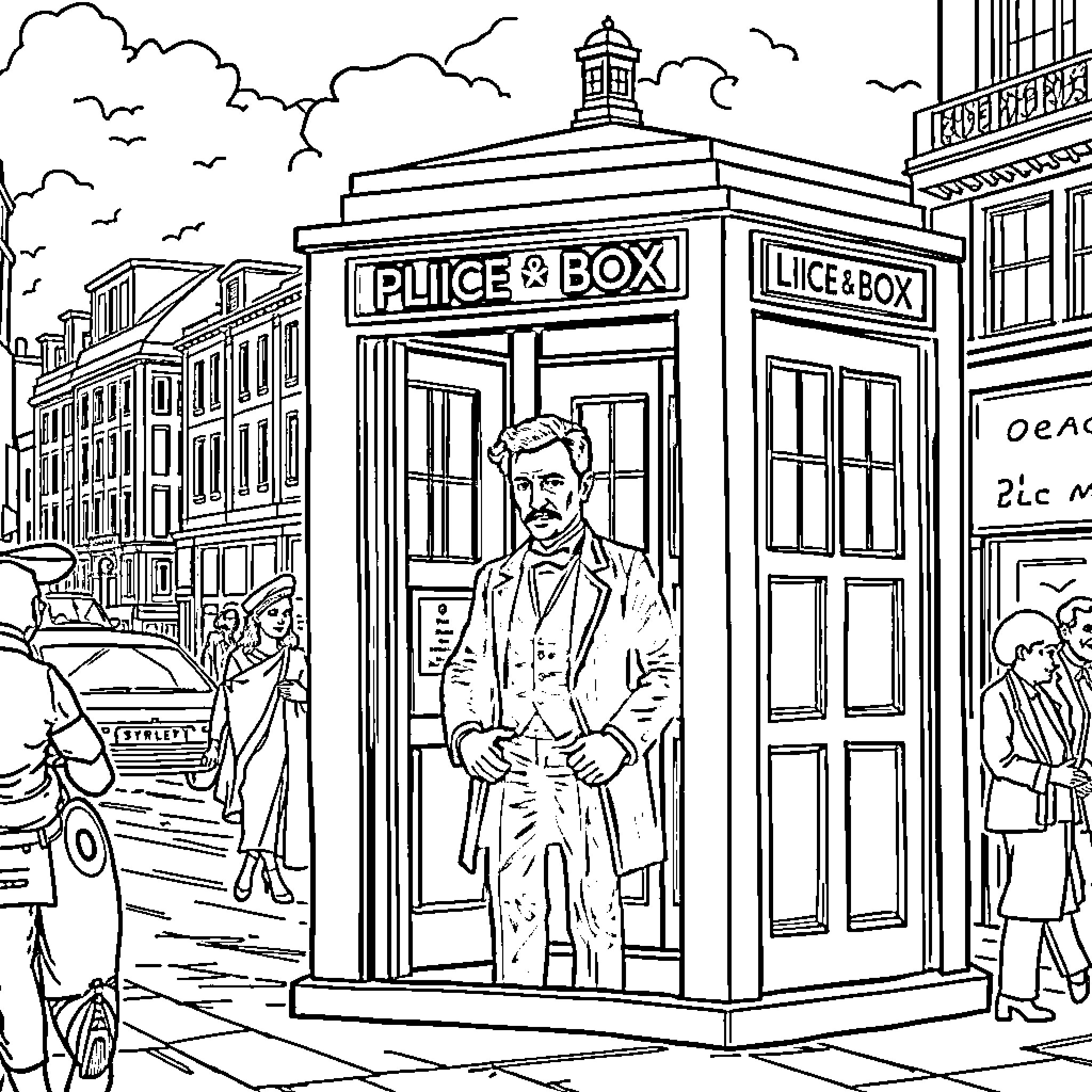 Tesla's Adventures in a Police Box on City Street Coloring Page (free black-and-white line drawing printable PDF for all, from beginners to advanced learners, including children, teens, adults, and seniors)