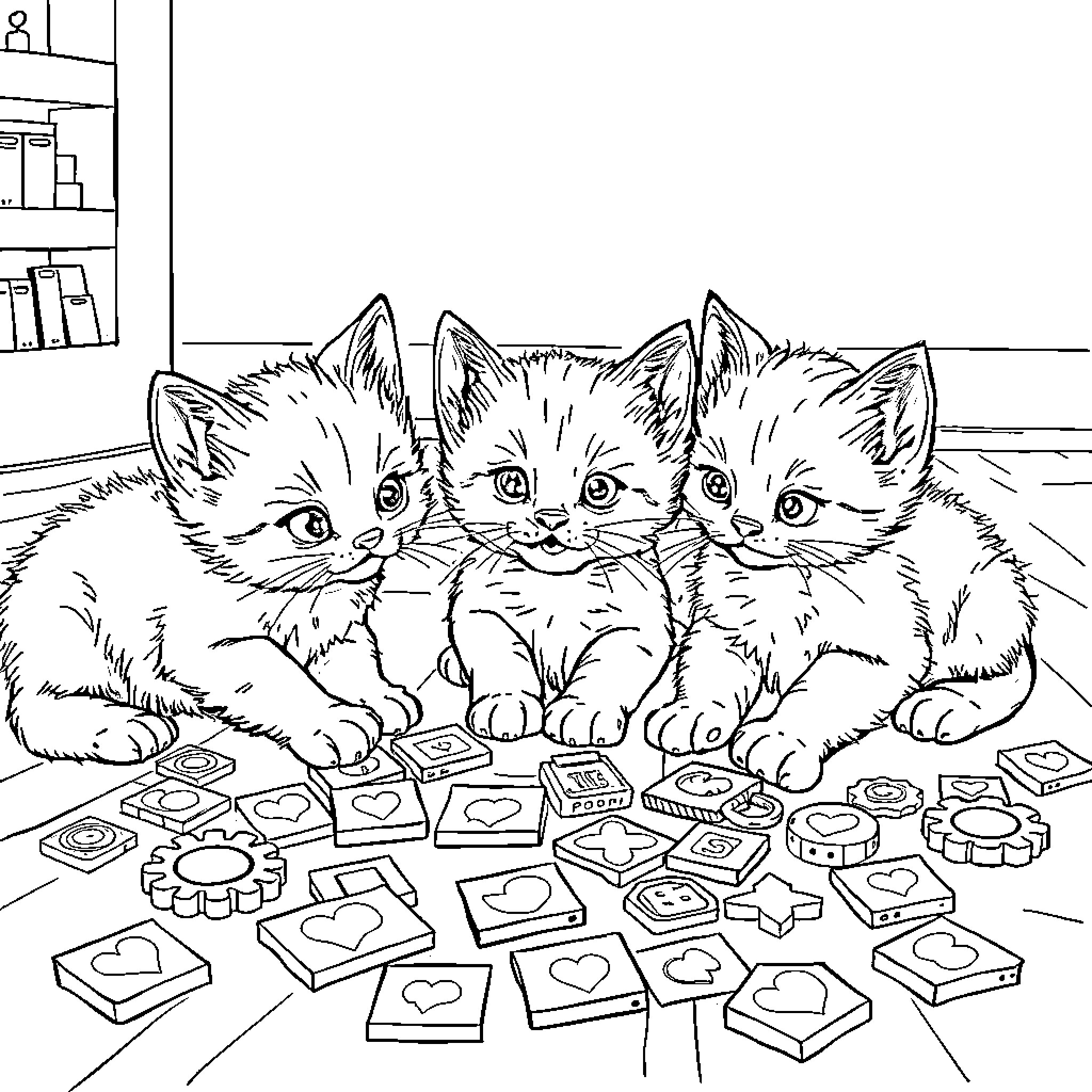 Kittens playing with colorful shapes on the floor Coloring Page (free black-and-white line drawing printable PDF for all, from beginners to advanced learners, including children, teens, adults, and seniors)
