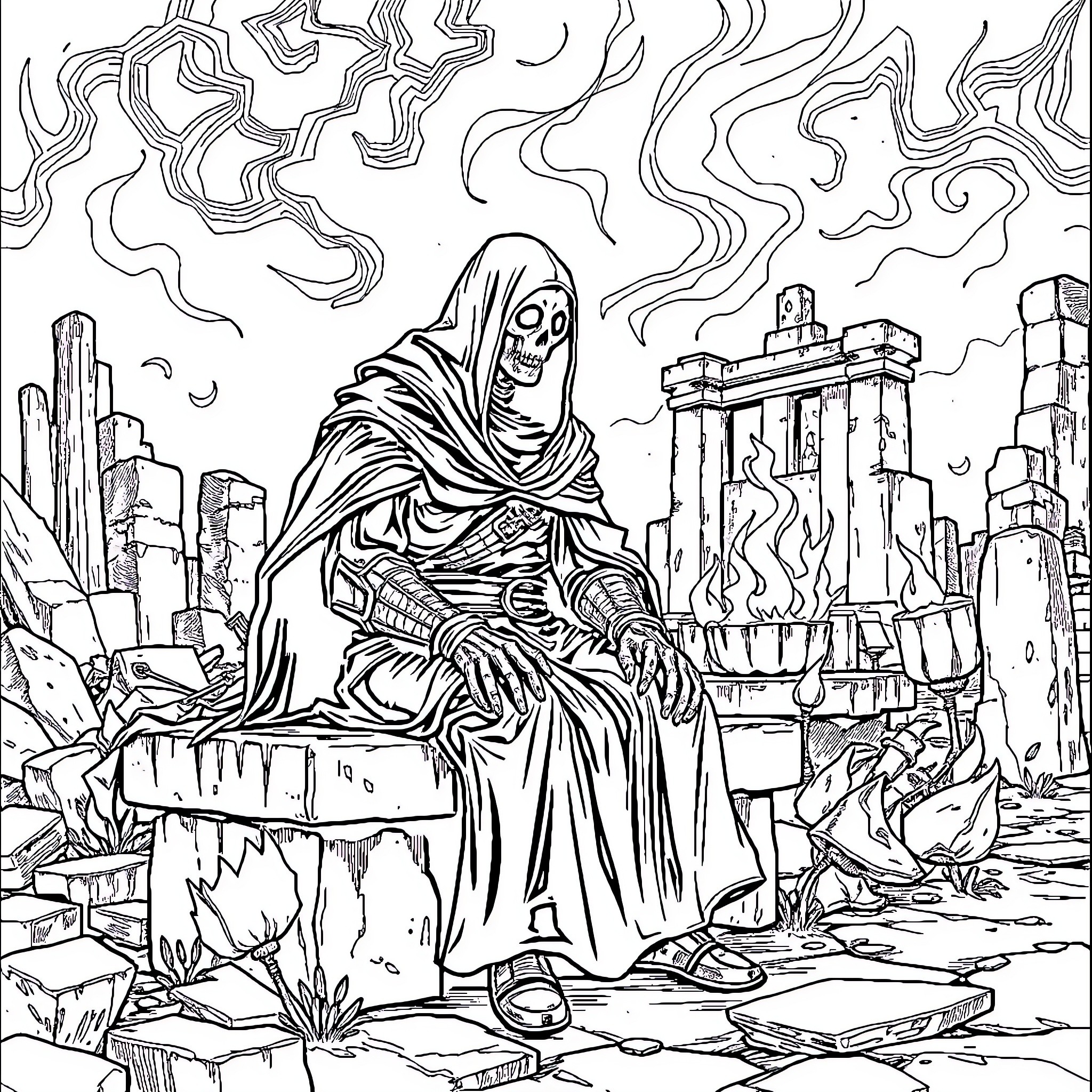Chosen Undead confronting the Desolate Ruins Coloring Page (free black-and-white line drawing printable PDF for all, from beginners to advanced learners, including children, teens, adults, and seniors)