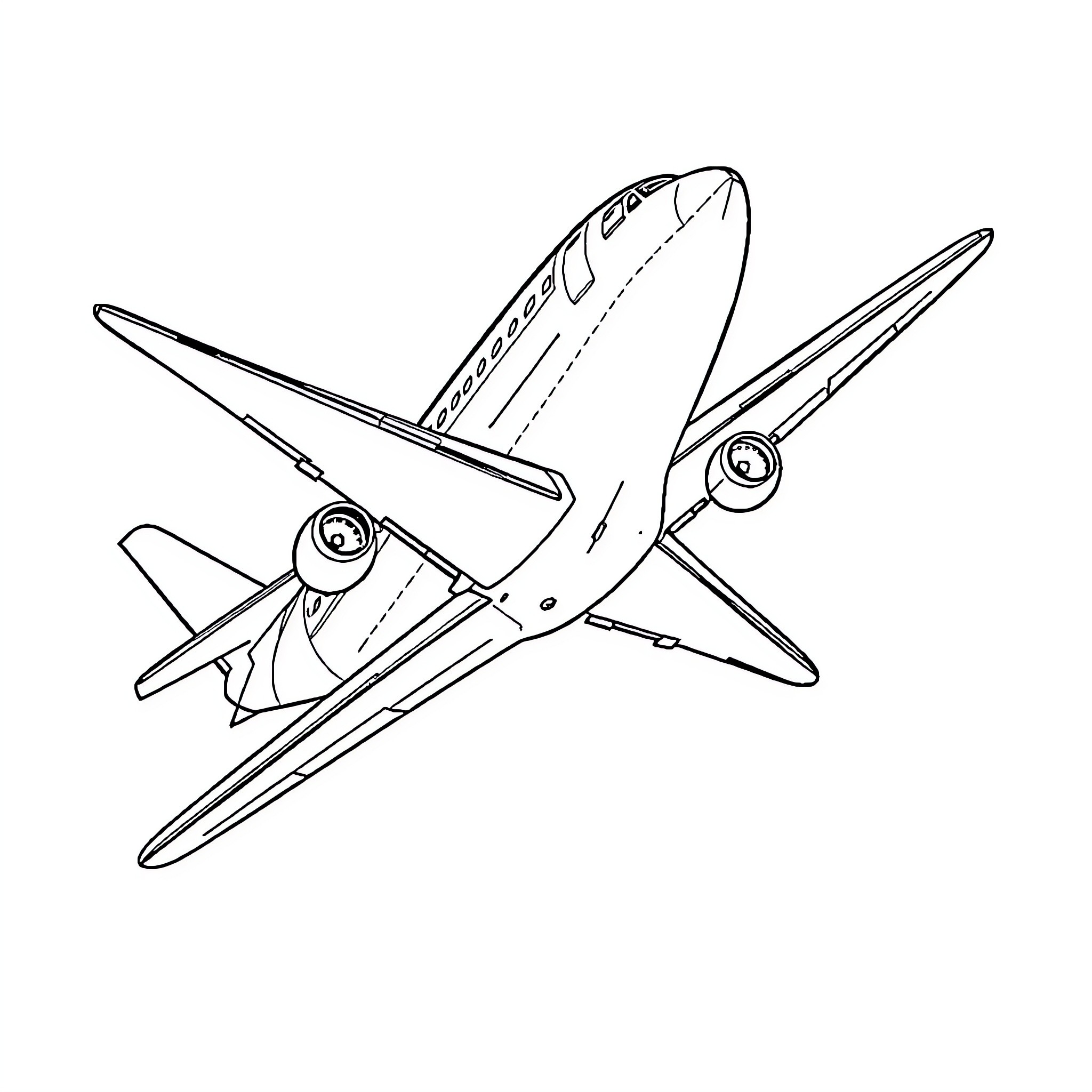 Plane taking off in flight Coloring Page (free black-and-white line drawing printable PDF for all, from beginners to advanced learners, including children, teens, adults, and seniors)