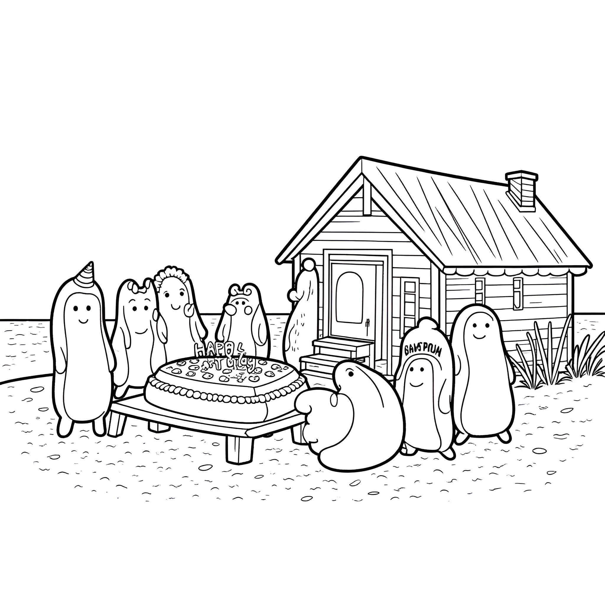 Hotdog family celebrating with cake in front of cottage Coloring Page (free black-and-white line drawing printable PDF for all, from beginners to advanced learners, including children, teens, adults, and seniors)