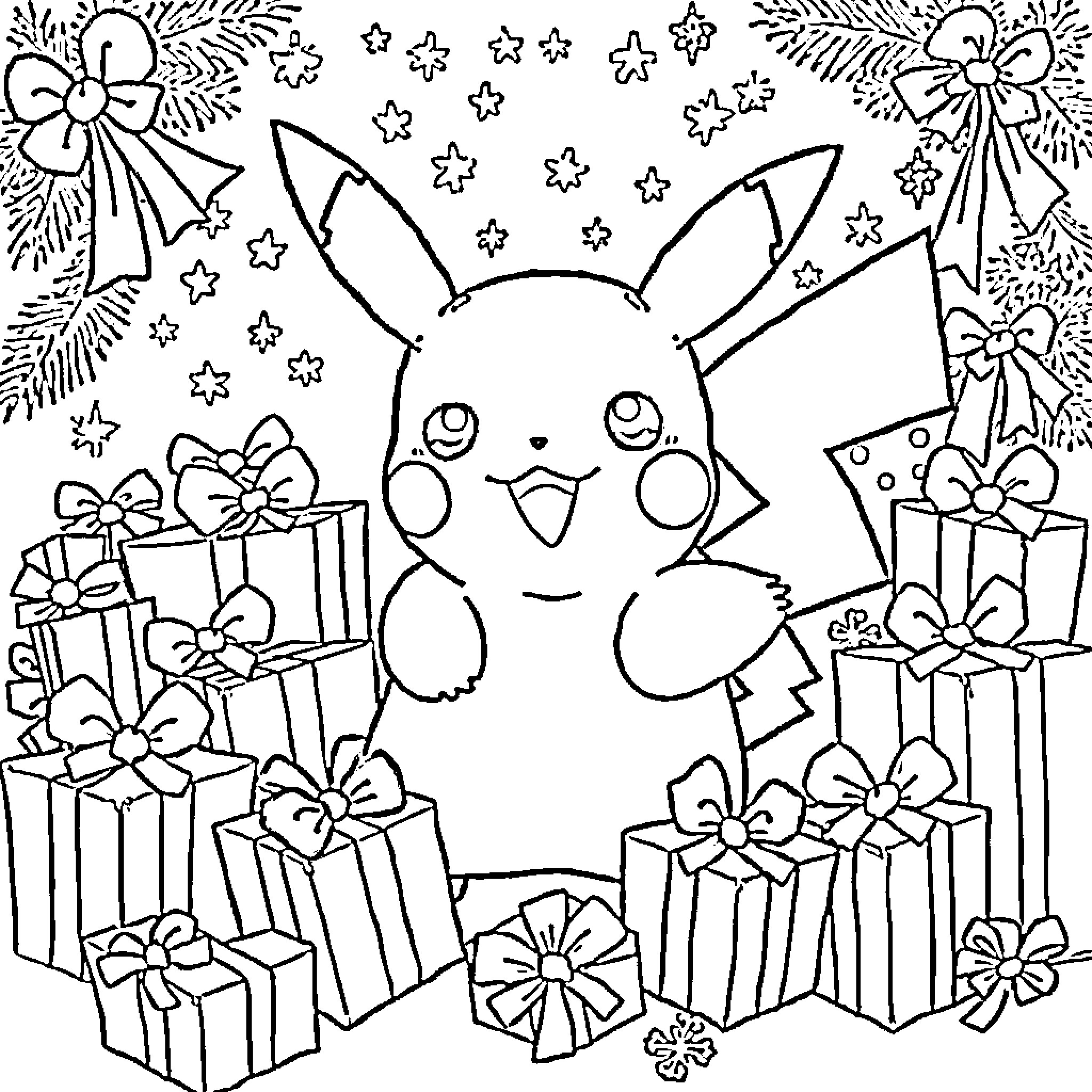 Pikachu surrounded by festive gifts and decorations Coloring Page (free black-and-white line drawing printable PDF for all, from beginners to advanced learners, including children, teens, adults, and seniors)