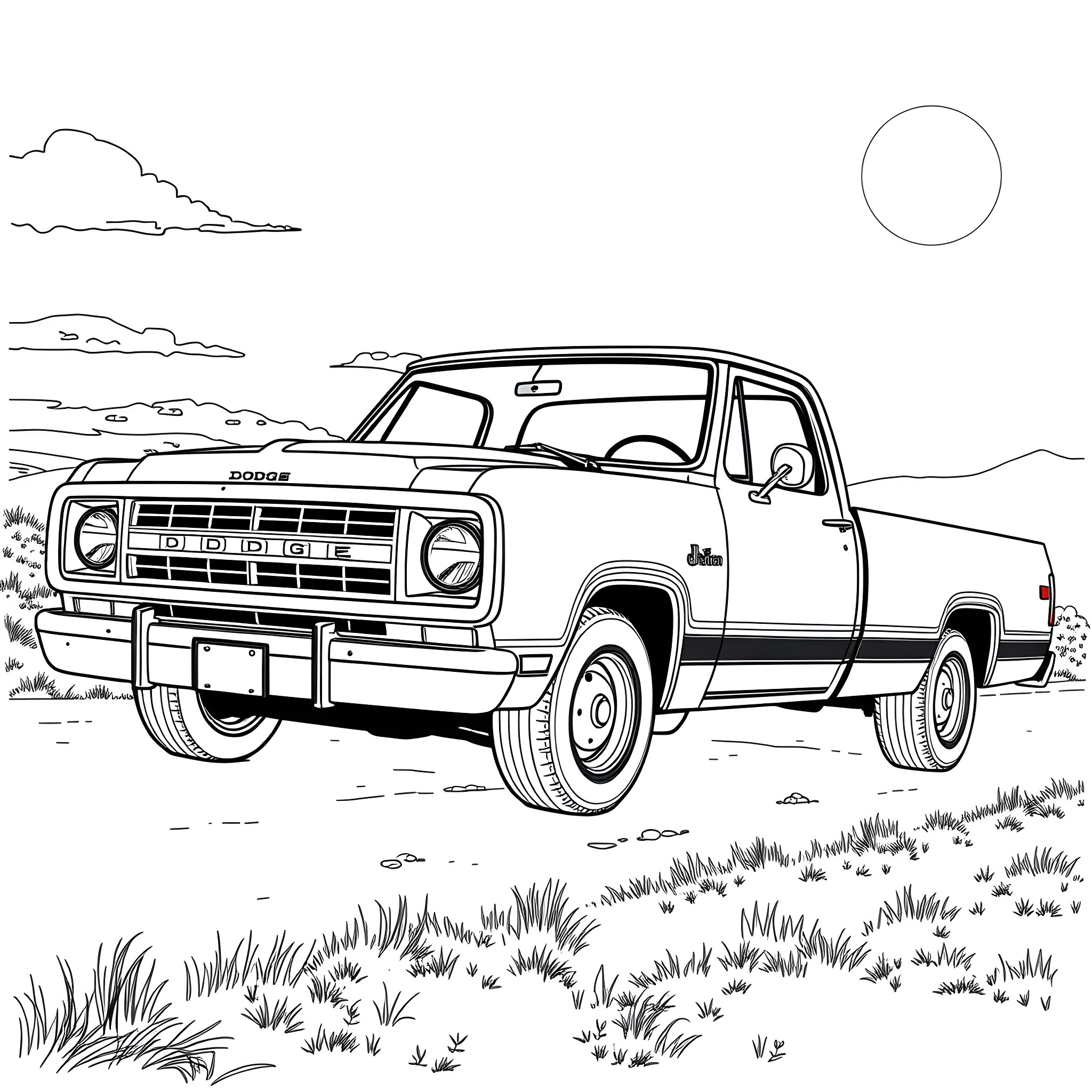 Dodge Truck parked in the countryside Coloring Page (free black-and-white line drawing printable PDF for all, from beginners to advanced learners, including children, teens, adults, and seniors)