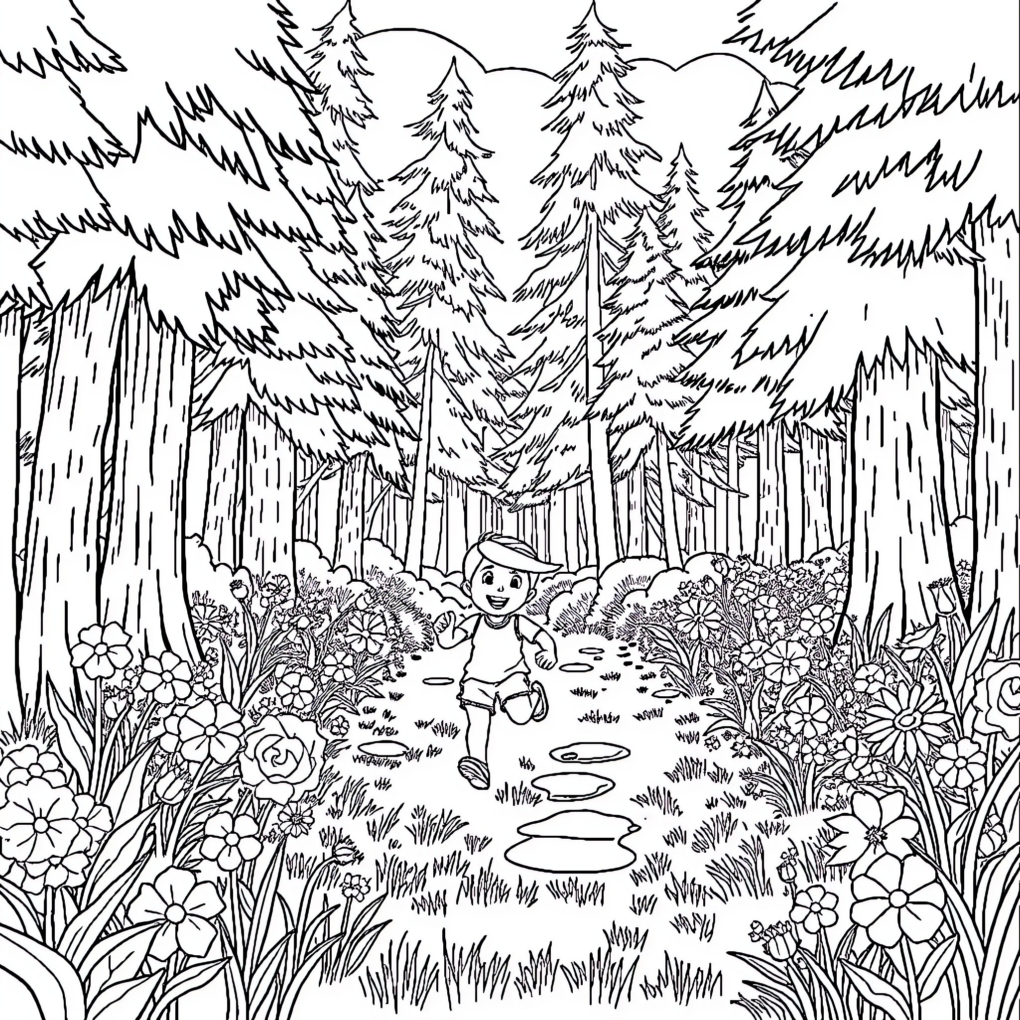 Kid exploring enchanted forest with wildlife Coloring Page (free black-and-white line drawing printable PDF for all, from beginners to advanced learners, including children, teens, adults, and seniors)