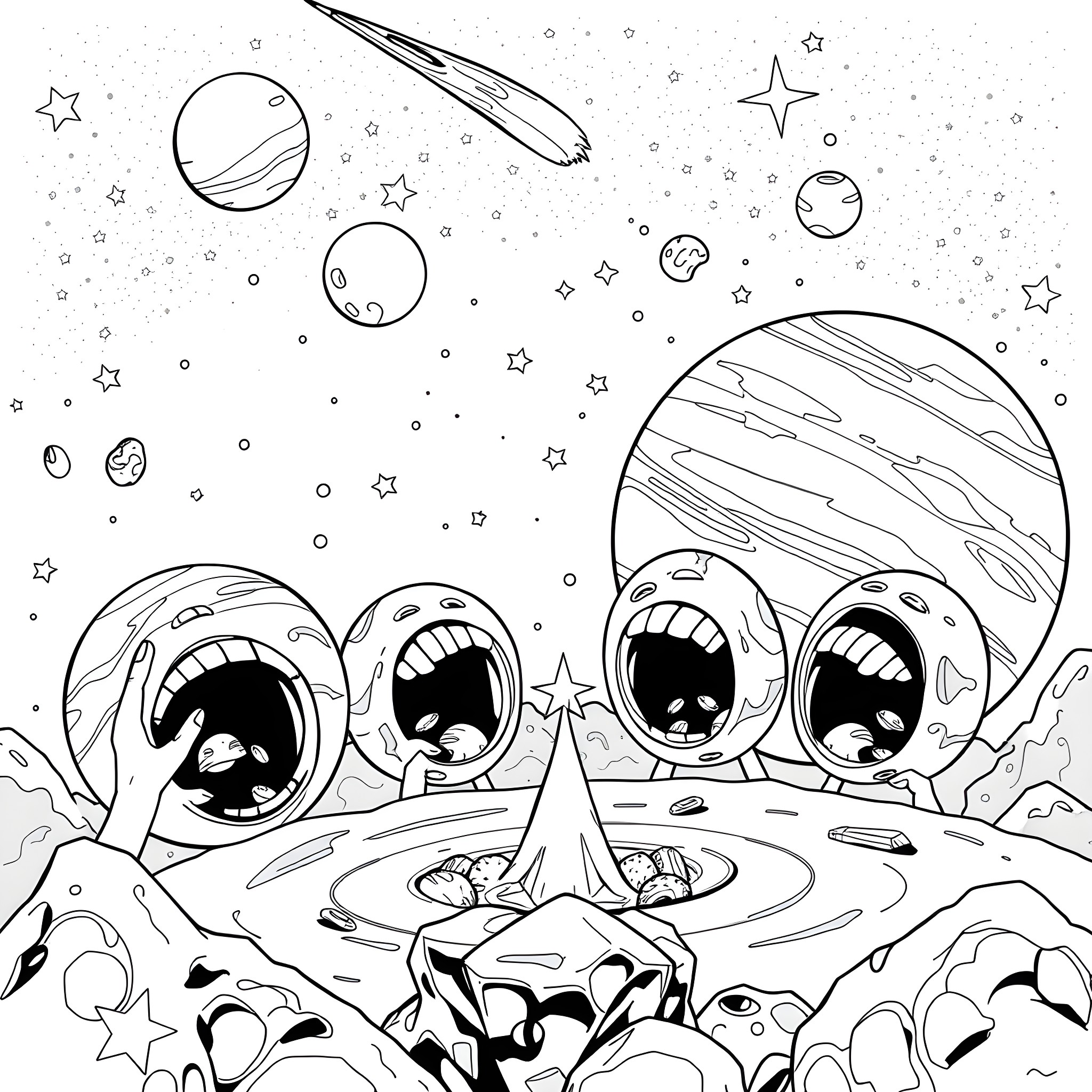Planet filled with curious extraterrestrial beings Coloring Page (free black-and-white line drawing printable PDF for all, from beginners to advanced learners, including children, teens, adults, and seniors)
