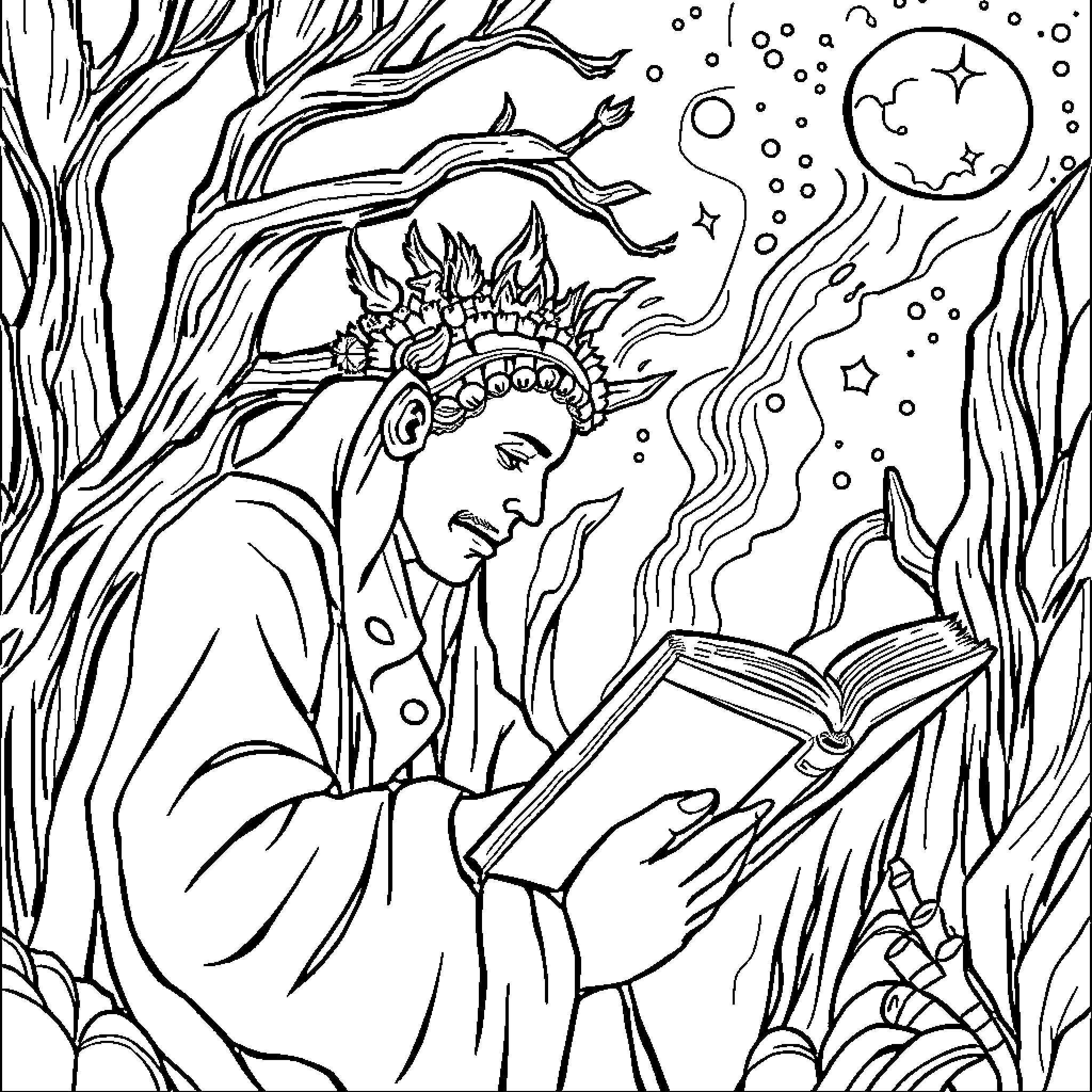 Epistemology of the Enchanted Forest Coloring Page (free black-and-white line drawing printable PDF for all, from beginners to advanced learners, including children, teens, adults, and seniors)