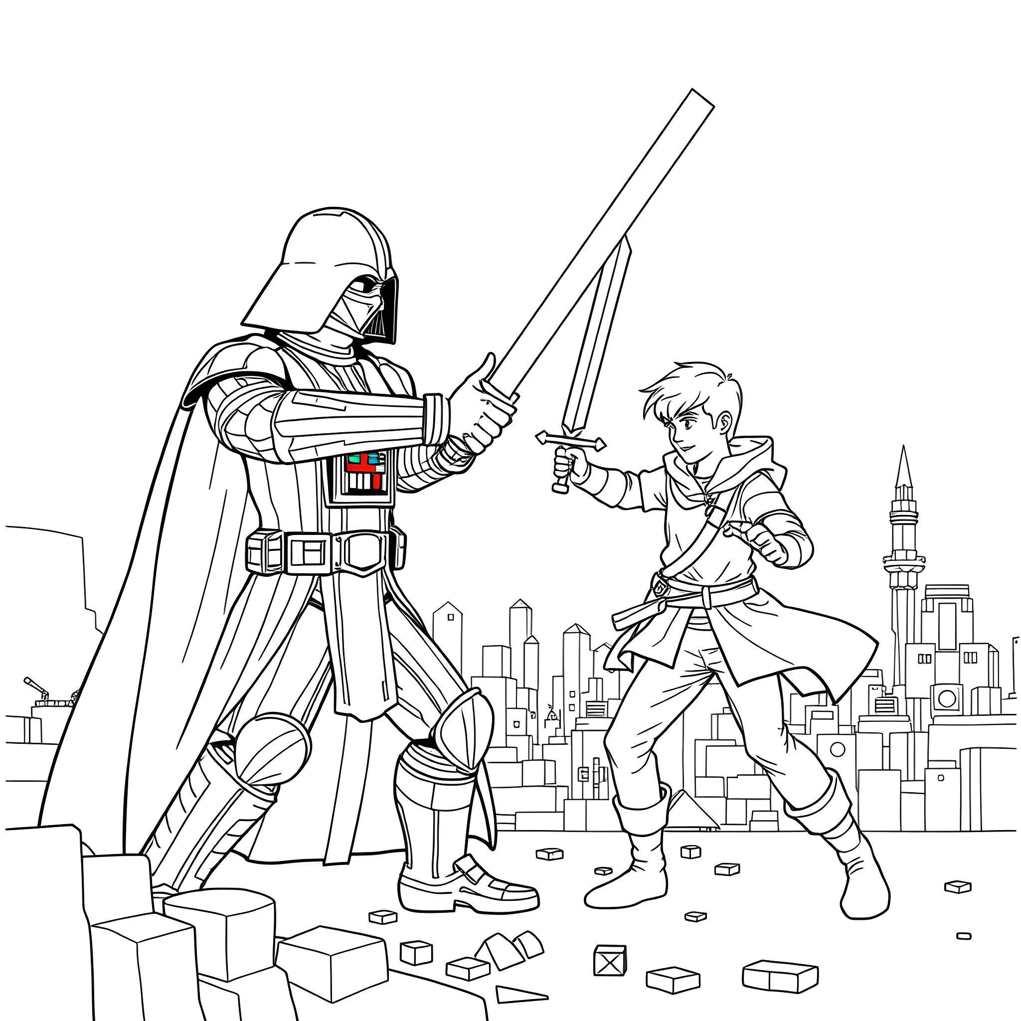 Earth Vader battles young hero in epic sci-fi showdown Coloring Page (free black-and-white line drawing printable PDF for all, from beginners to advanced learners, including children, teens, adults, and seniors)