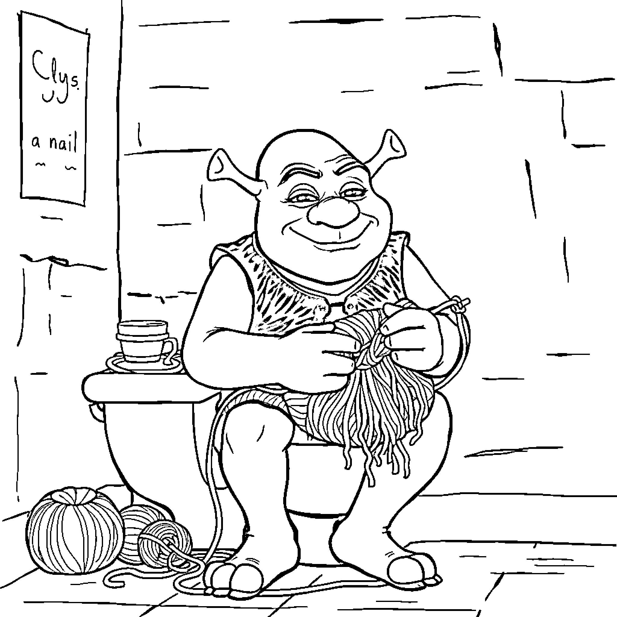 Shrek Enjoys a Cozy Knitting Session Coloring Page (free black-and-white line drawing printable PDF for all, from beginners to advanced learners, including children, teens, adults, and seniors)