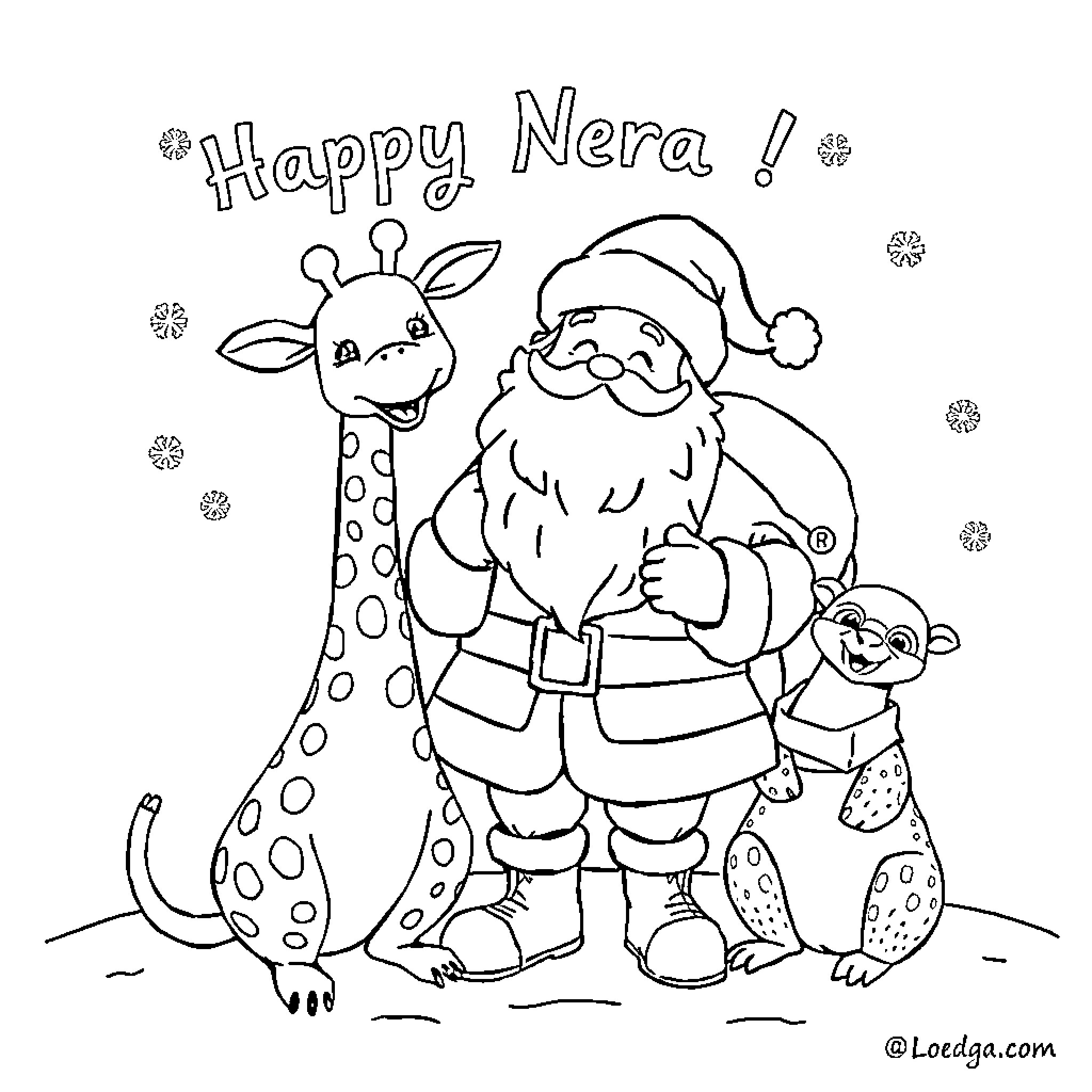 Père Noël wishing a Happy Nera with animal friends Coloring Page (free black-and-white line drawing printable PDF for all, from beginners to advanced learners, including children, teens, adults, and seniors)