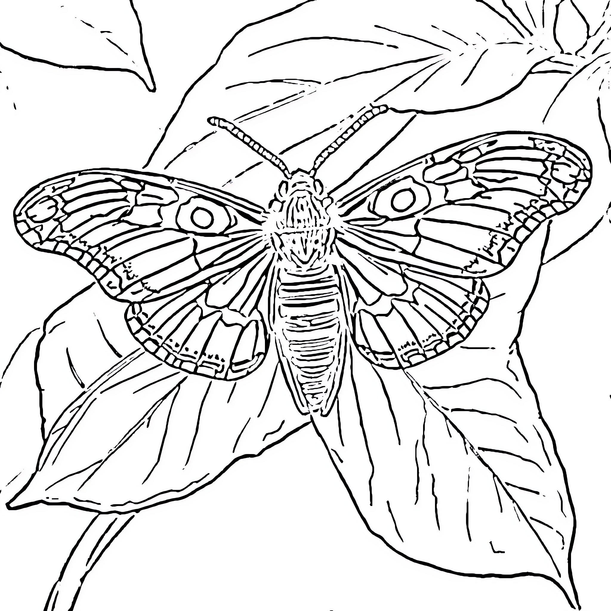 Deathhead Hawk Moth resting on lush foliage Coloring Page (free black-and-white line drawing printable PDF for all, from beginners to advanced learners, including children, teens, adults, and seniors)