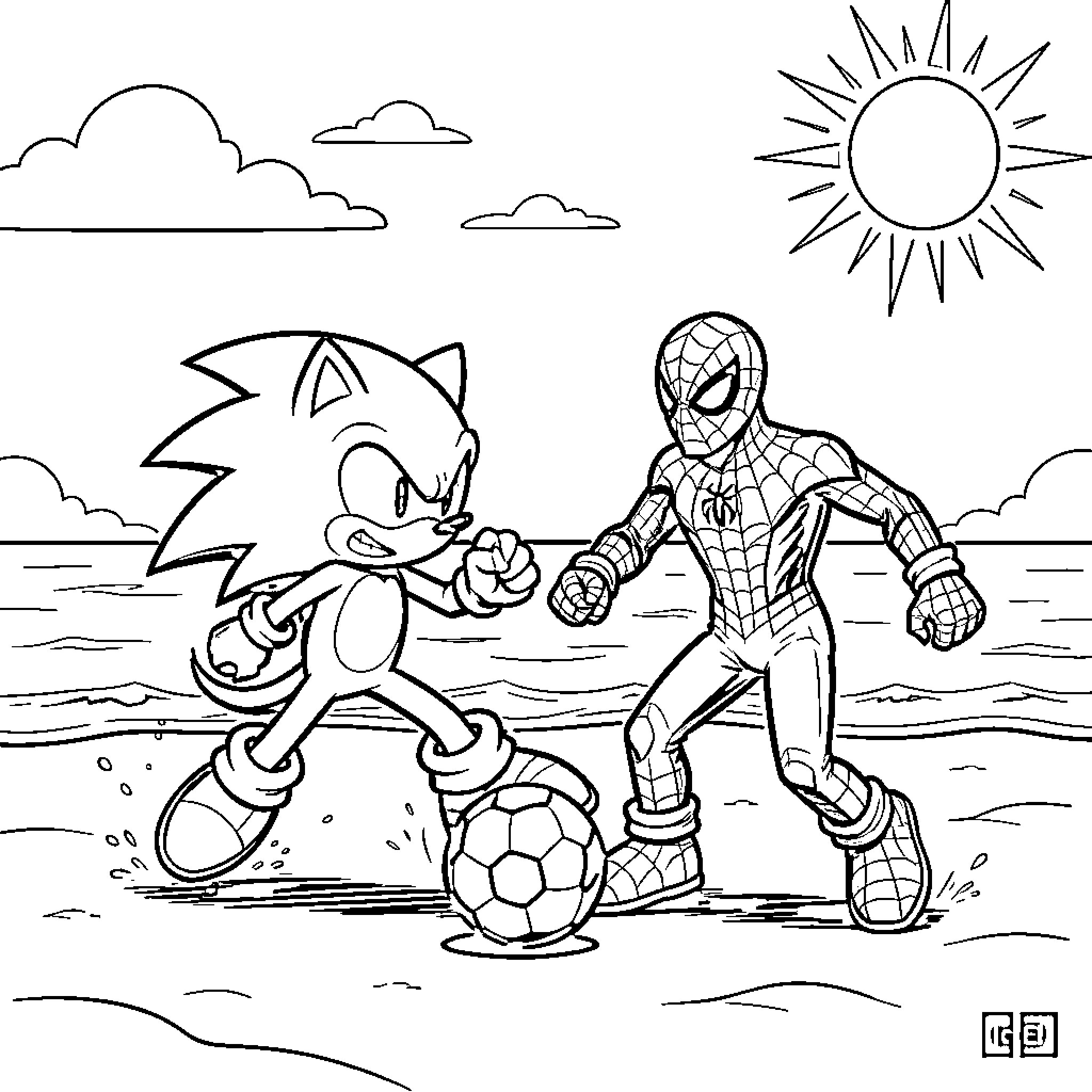 Sonic playing soccer with Spider-Man on the beach Coloring Page (free black-and-white line drawing printable PDF for all, from beginners to advanced learners, including children, teens, adults, and seniors)