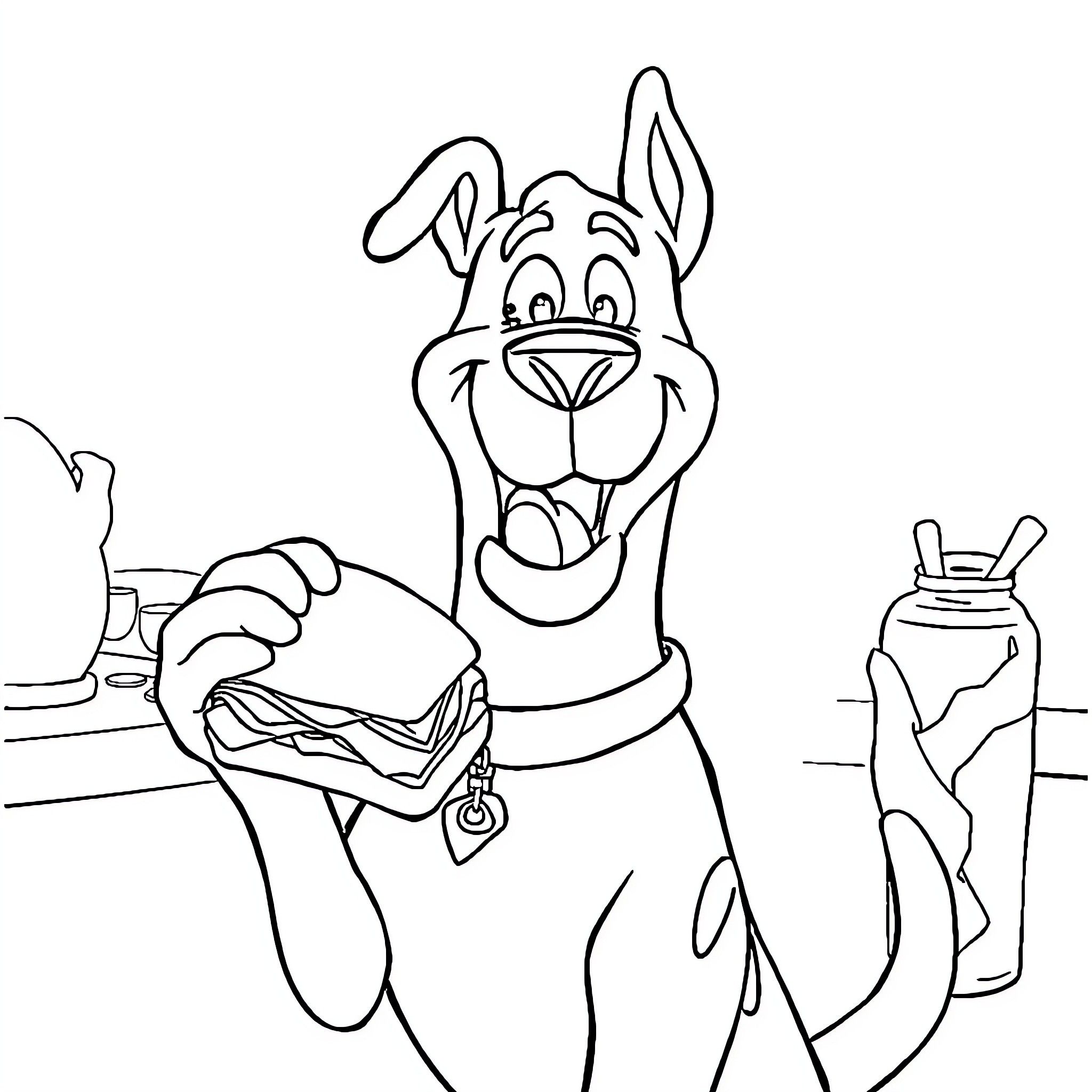 Scooby Doo enjoying a delicious sandwich Coloring Page (free black-and-white line drawing printable PDF for all, from beginners to advanced learners, including children, teens, adults, and seniors)