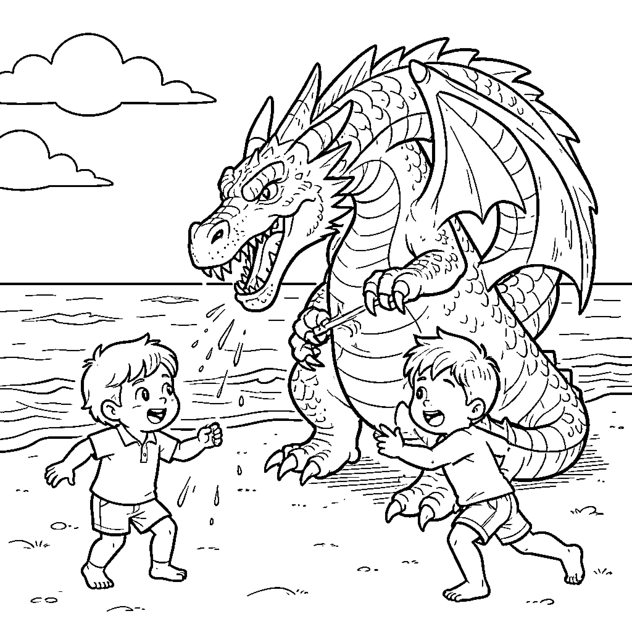 Dragon playing joyfully with two children on the beach Coloring Page (free black-and-white line drawing printable PDF for all, from beginners to advanced learners, including children, teens, adults, and seniors)