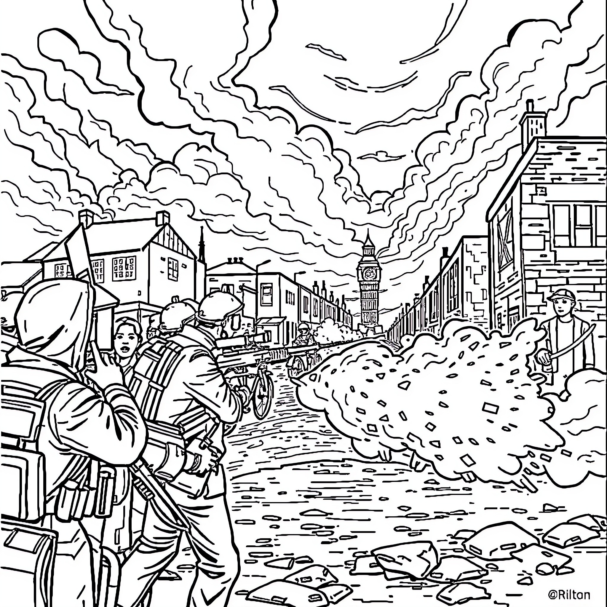 Ira Navigates the Chaotic City Scene Coloring Page (free black-and-white line drawing printable PDF for all, from beginners to advanced learners, including children, teens, adults, and seniors)