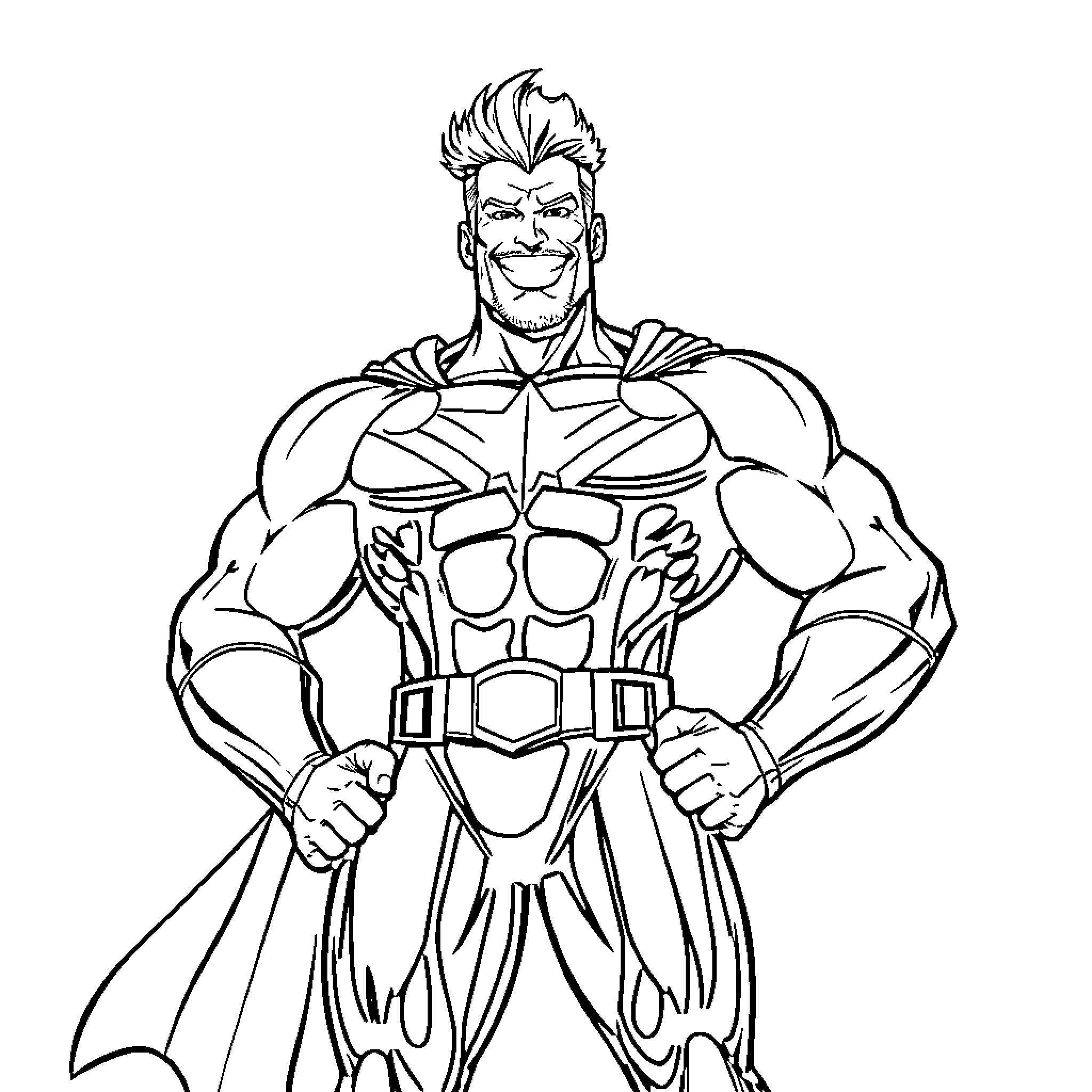 All Might in a heroic pose displaying his powerful physique Coloring Page (free black-and-white line drawing printable PDF for all, from beginners to advanced learners, including children, teens, adults, and seniors)