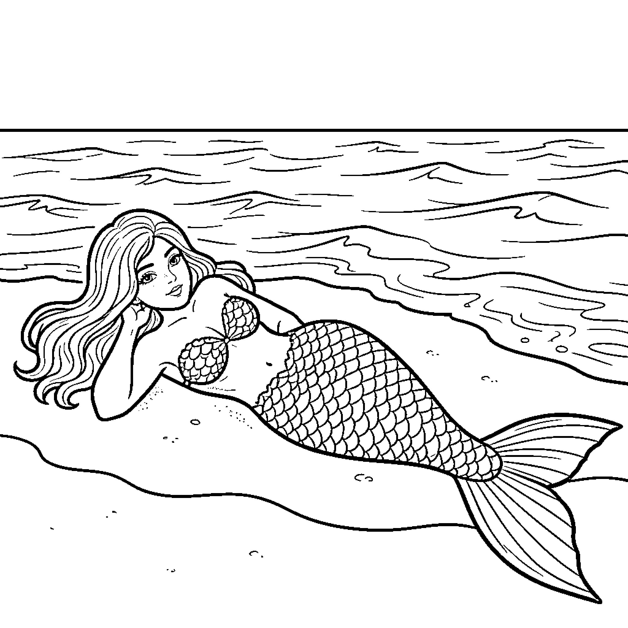 Siren reclining peacefully on a sandy beach Coloring Page (free black-and-white line drawing printable PDF for all, from beginners to advanced learners, including children, teens, adults, and seniors)