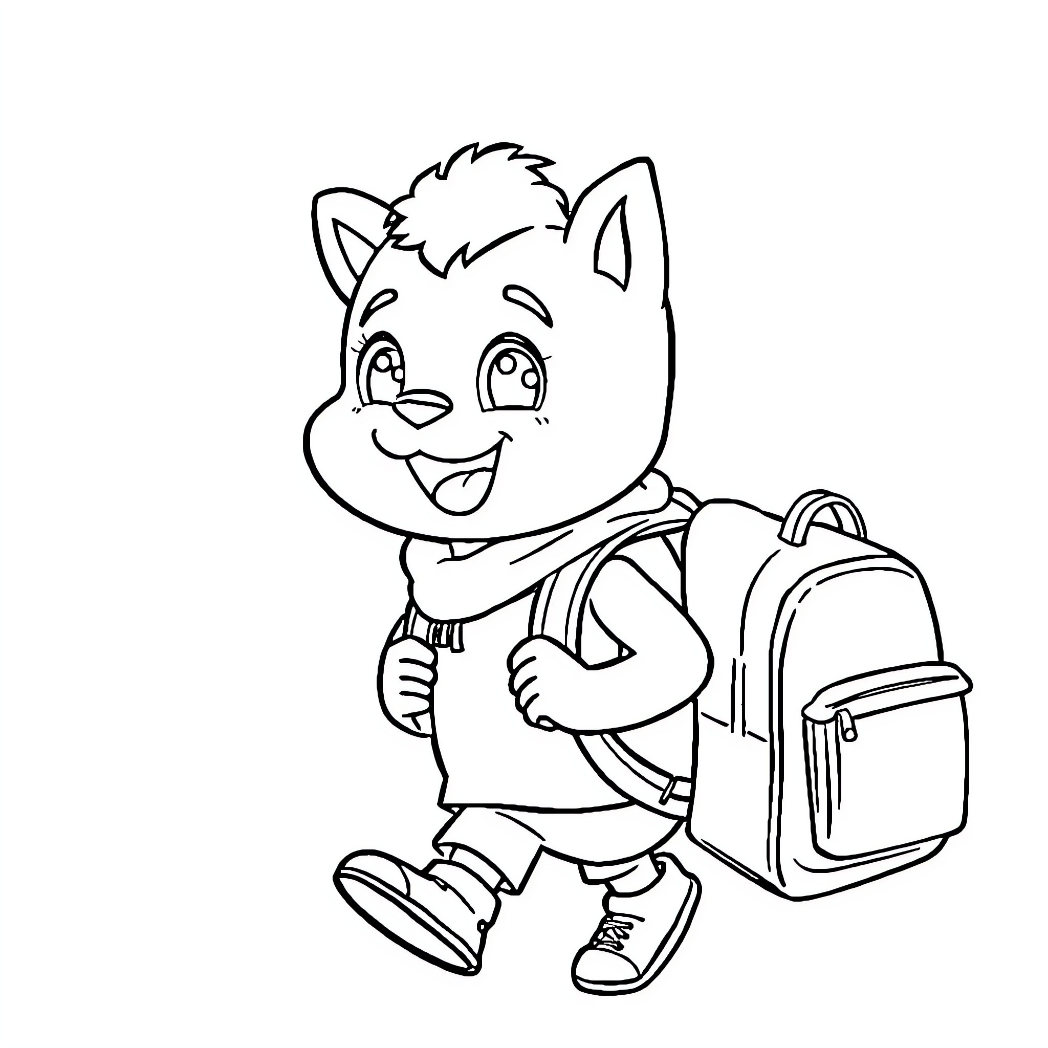 Labubu the cheerful cat with backpack Coloring Page (free black-and-white line drawing printable PDF for all, from beginners to advanced learners, including children, teens, adults, and seniors)
