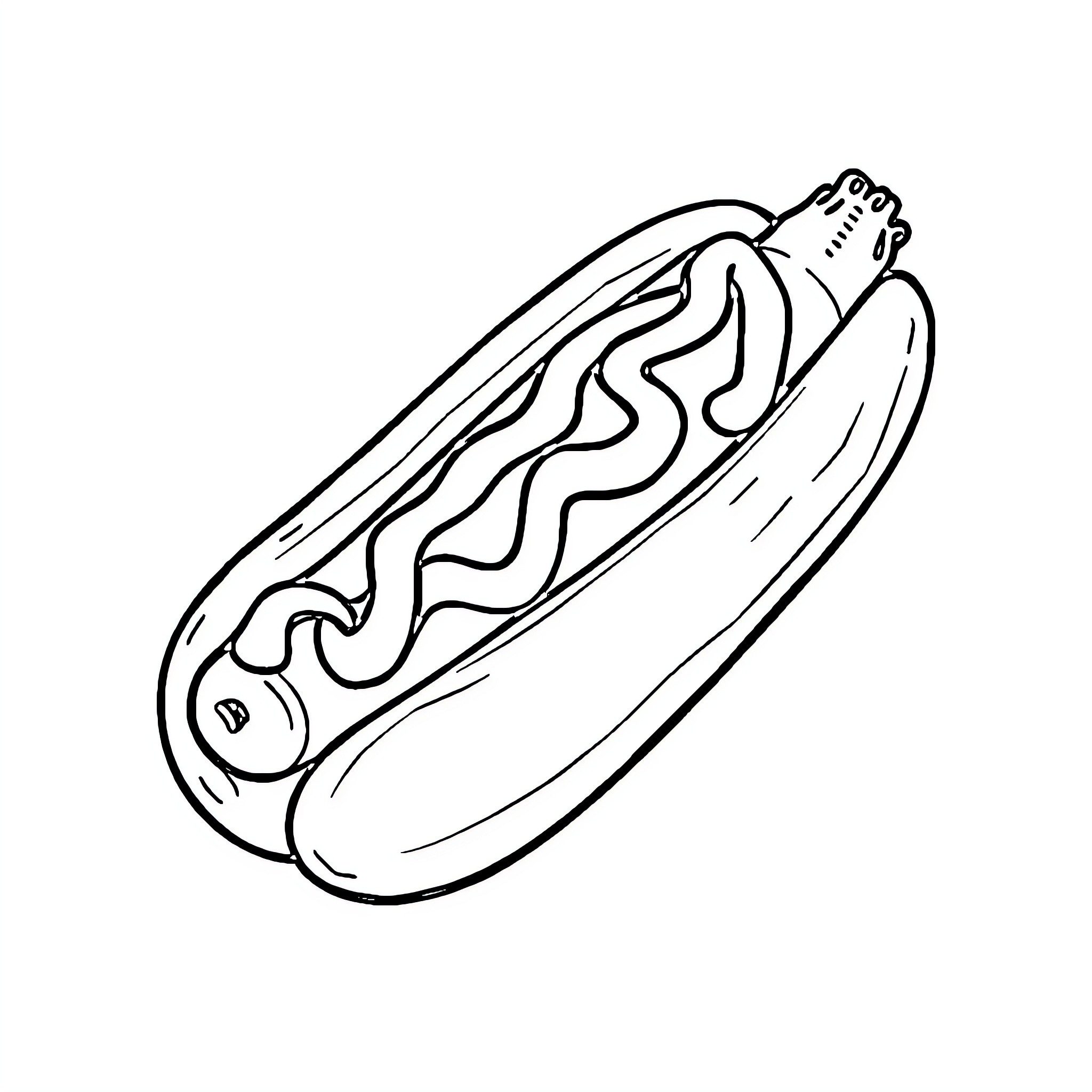 Hotdog with playful ketchup and mustard design Coloring Page (free black-and-white line drawing printable PDF for all, from beginners to advanced learners, including children, teens, adults, and seniors)