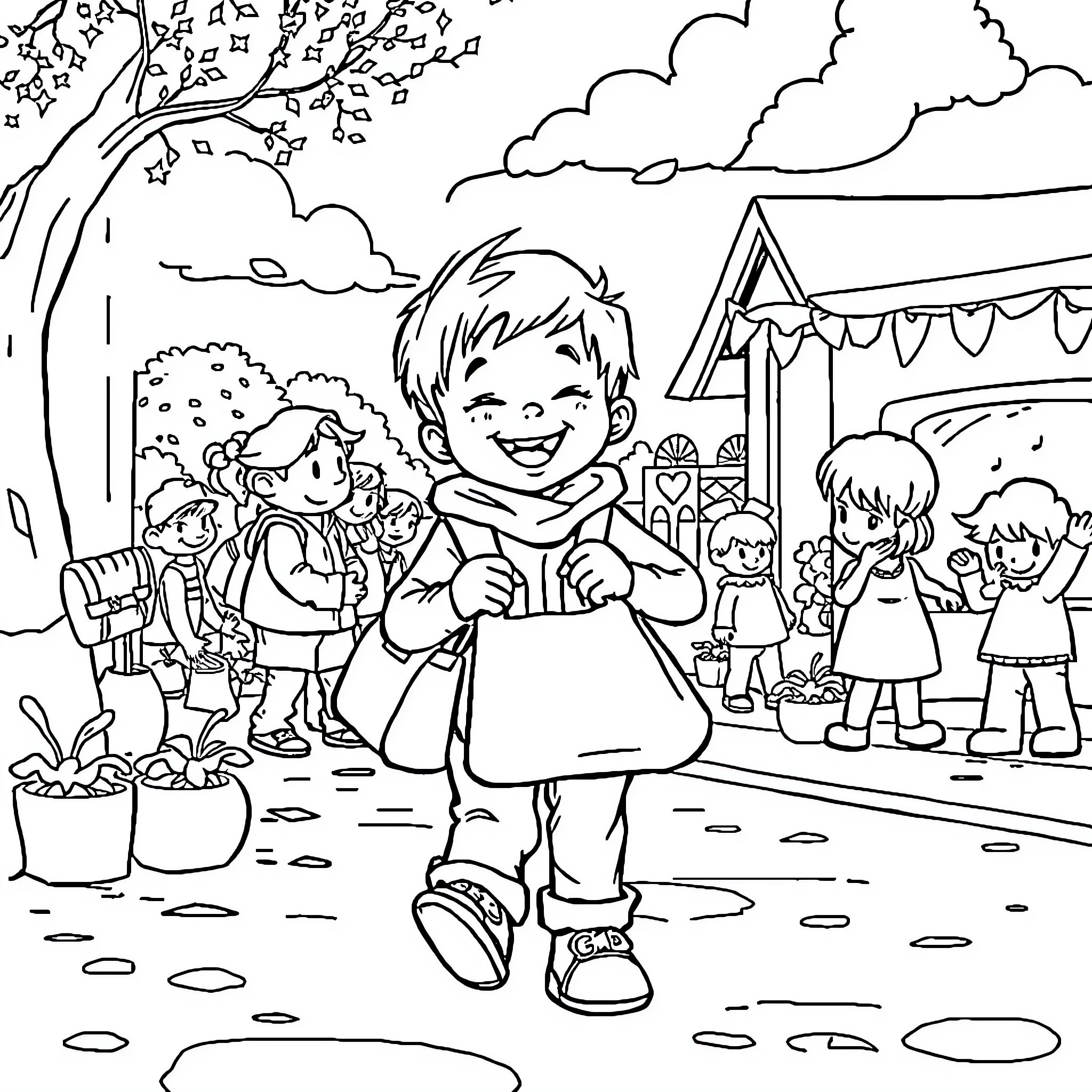 Child playing happily at a carnival or festival Coloring Page (free black-and-white line drawing printable PDF for all, from beginners to advanced learners, including children, teens, adults, and seniors)