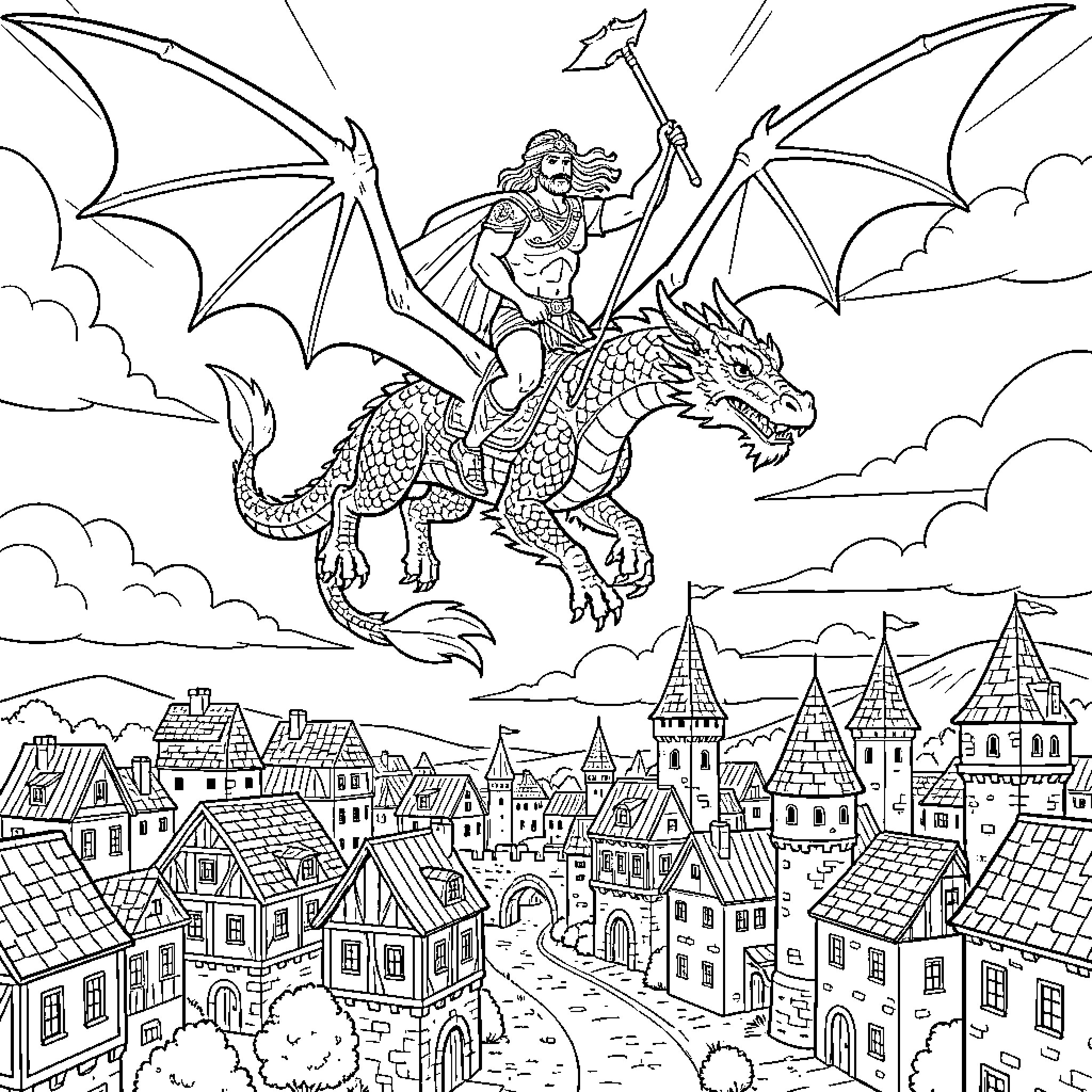Poseidon riding a winged dragon over a medieval town Coloring Page (free black-and-white line drawing printable PDF for all, from beginners to advanced learners, including children, teens, adults, and seniors)