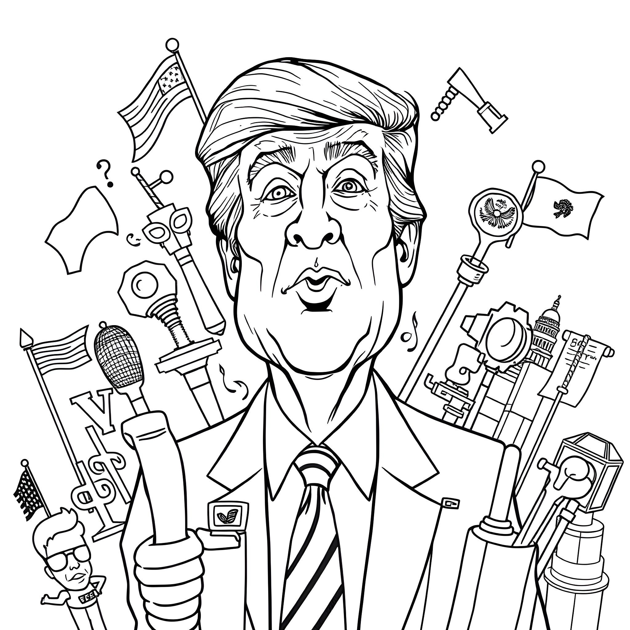 Trump's Presidency Illustrated: Expressions, Actions, and Symbols Coloring Page (free black-and-white line drawing printable PDF for all, from beginners to advanced learners, including children, teens, adults, and seniors)