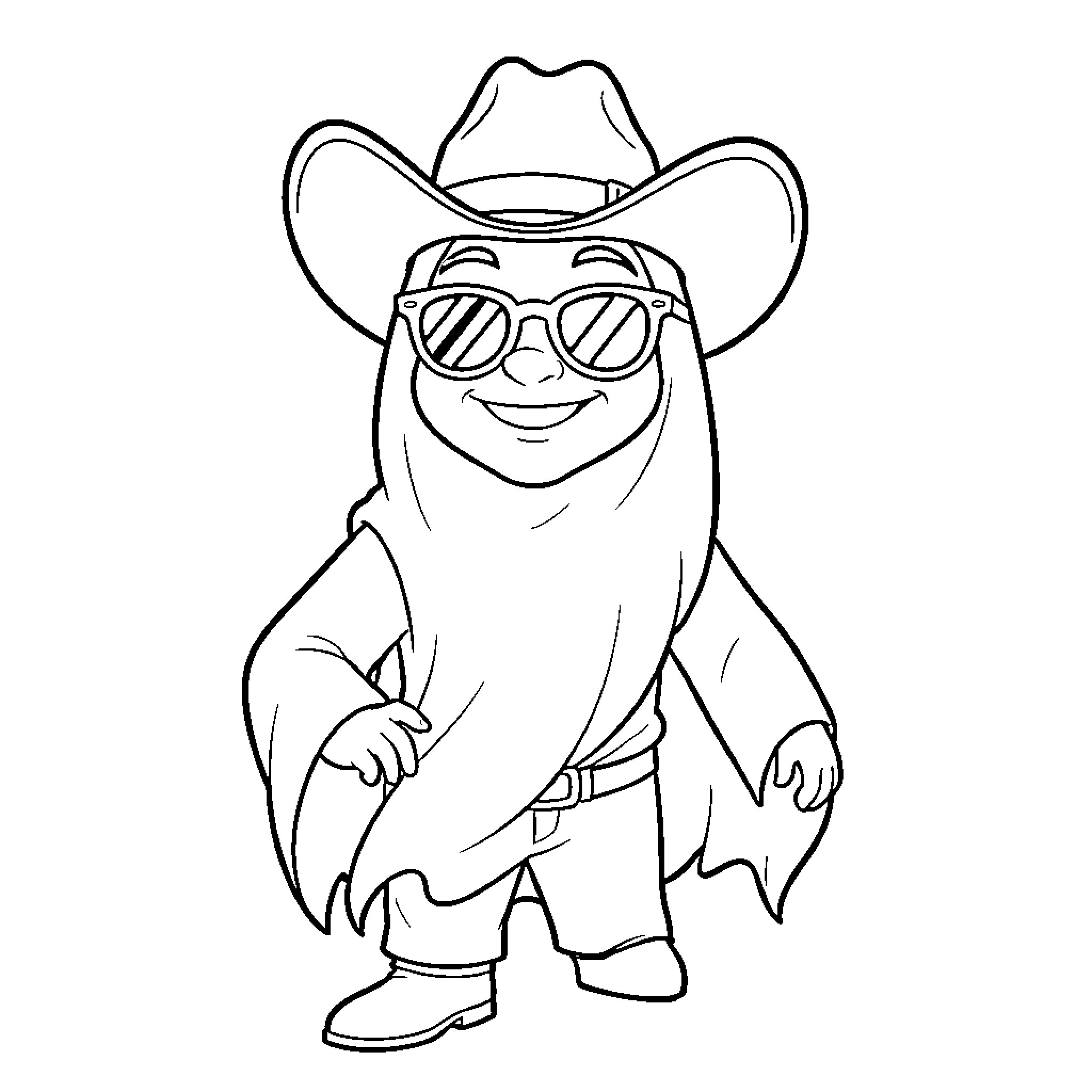 Ghost cowboy with sunglasses and hat Coloring Page (free black-and-white line drawing printable PDF for all, from beginners to advanced learners, including children, teens, adults, and seniors)