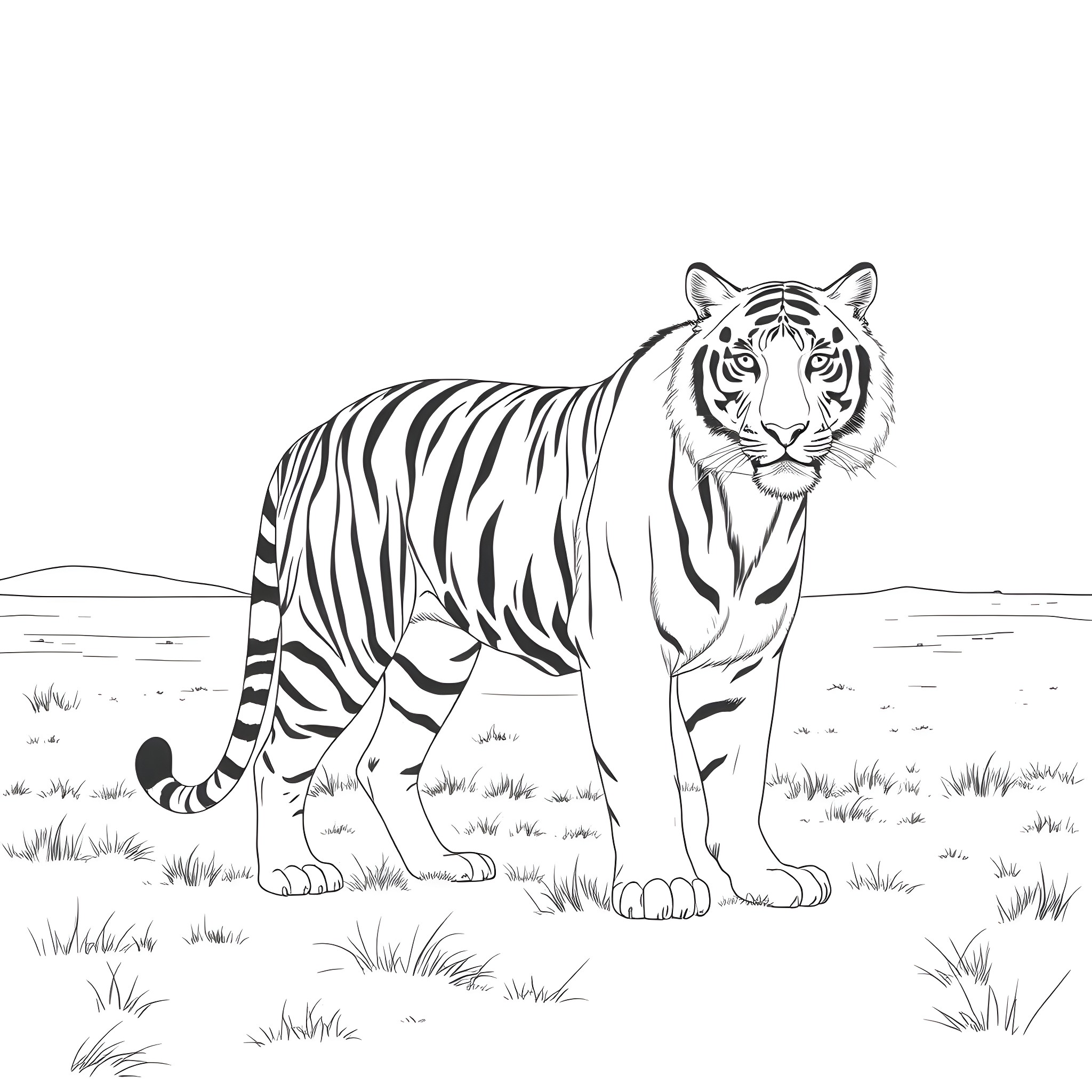 Tiger standing tall in the grasslands Coloring Page (free black-and-white line drawing printable PDF for all, from beginners to advanced learners, including children, teens, adults, and seniors)