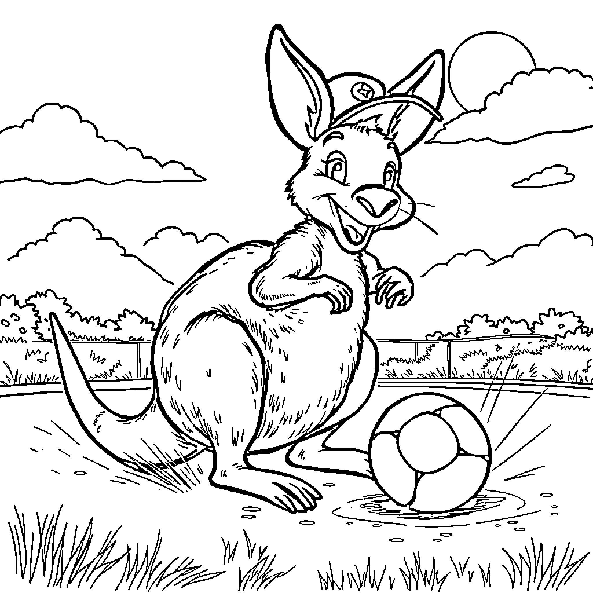 Kangaroo playing joyfully in the countryside Coloring Page (free black-and-white line drawing printable PDF for all, from beginners to advanced learners, including children, teens, adults, and seniors)