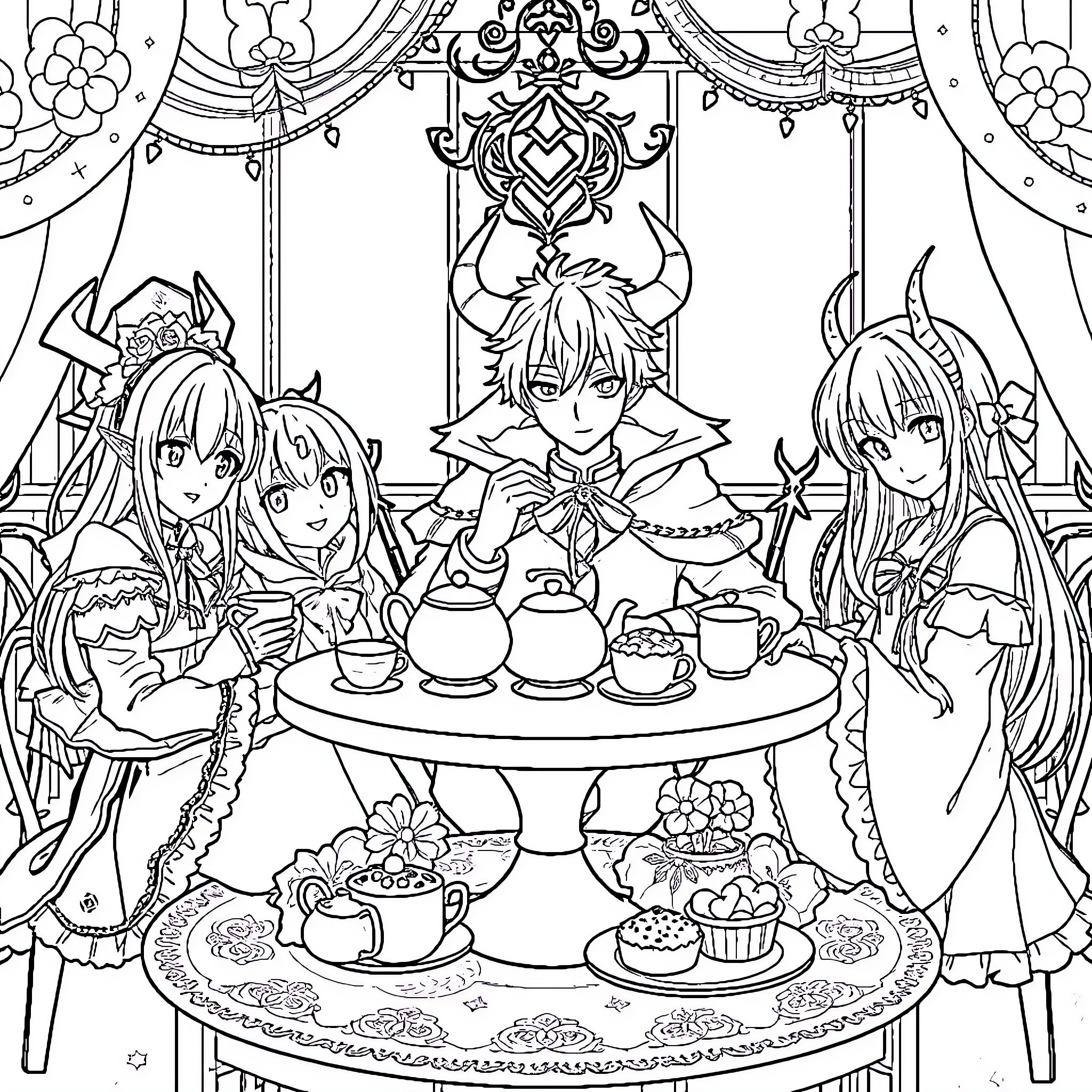 Demon Slayer Characters Enjoying a Whimsical Tea Party Coloring Page (free black-and-white line drawing printable PDF for all, from beginners to advanced learners, including children, teens, adults, and seniors)