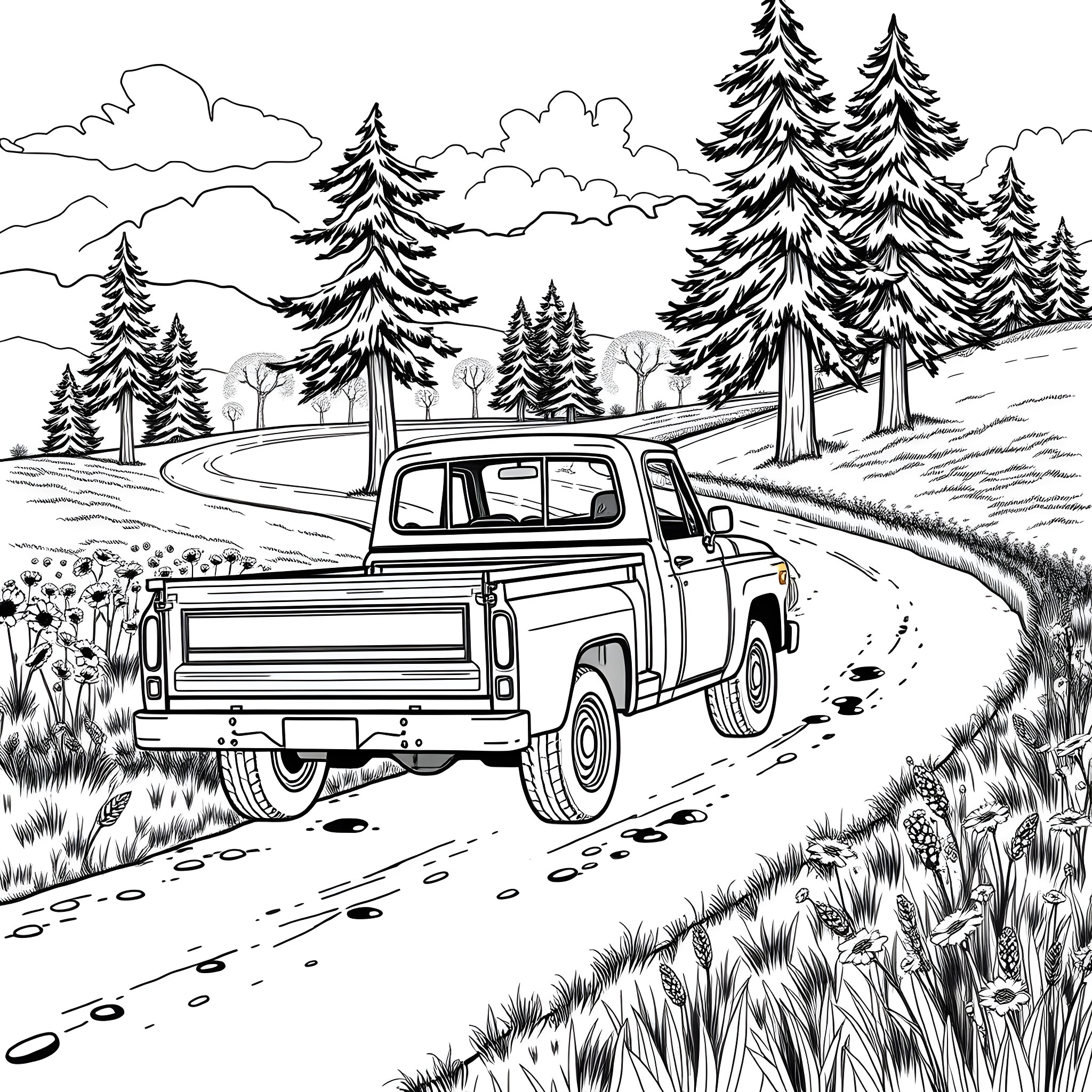 Truck on a Winding Mountain Road Coloring Page (free black-and-white line drawing printable PDF for all, from beginners to advanced learners, including children, teens, adults, and seniors)