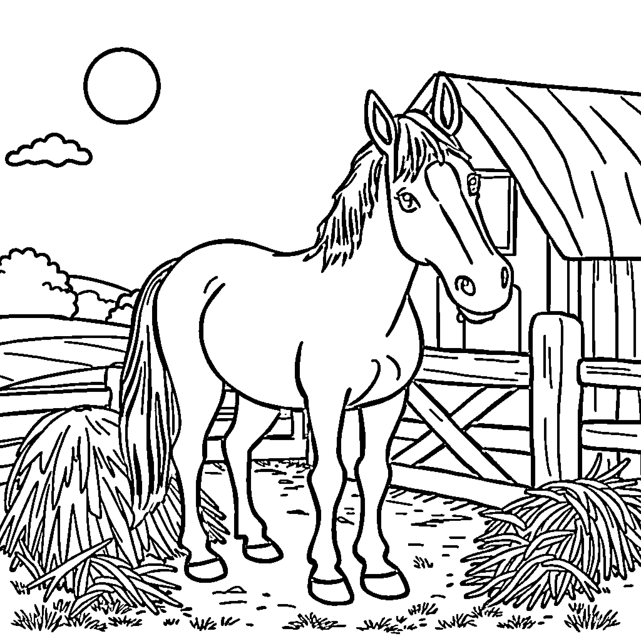 Horse standing beside rustic barn in countryside Coloring Page (free black-and-white line drawing printable PDF for all, from beginners to advanced learners, including children, teens, adults, and seniors)