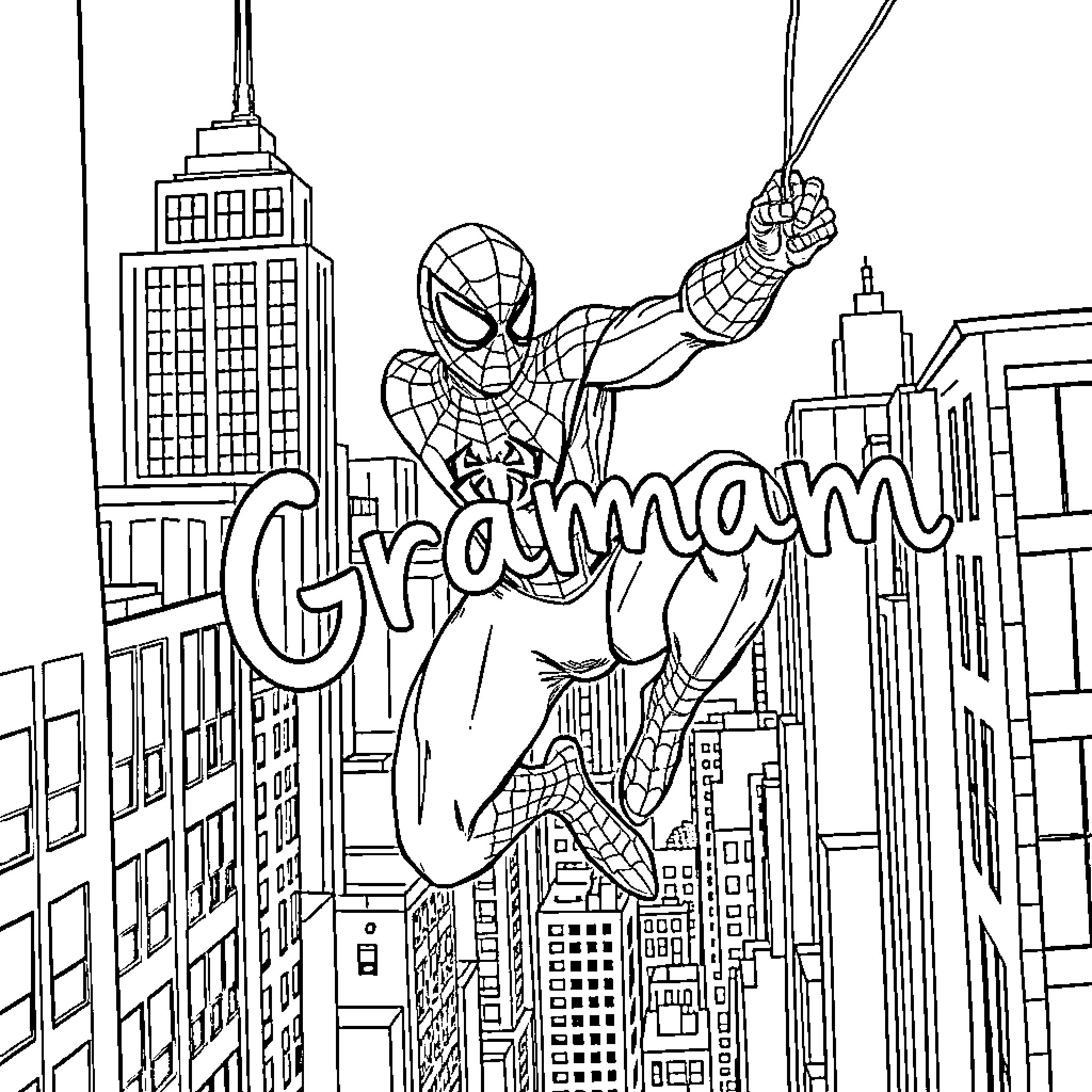Spiderman swinging through the cityscape Coloring Page (free black-and-white line drawing printable PDF for all, from beginners to advanced learners, including children, teens, adults, and seniors)