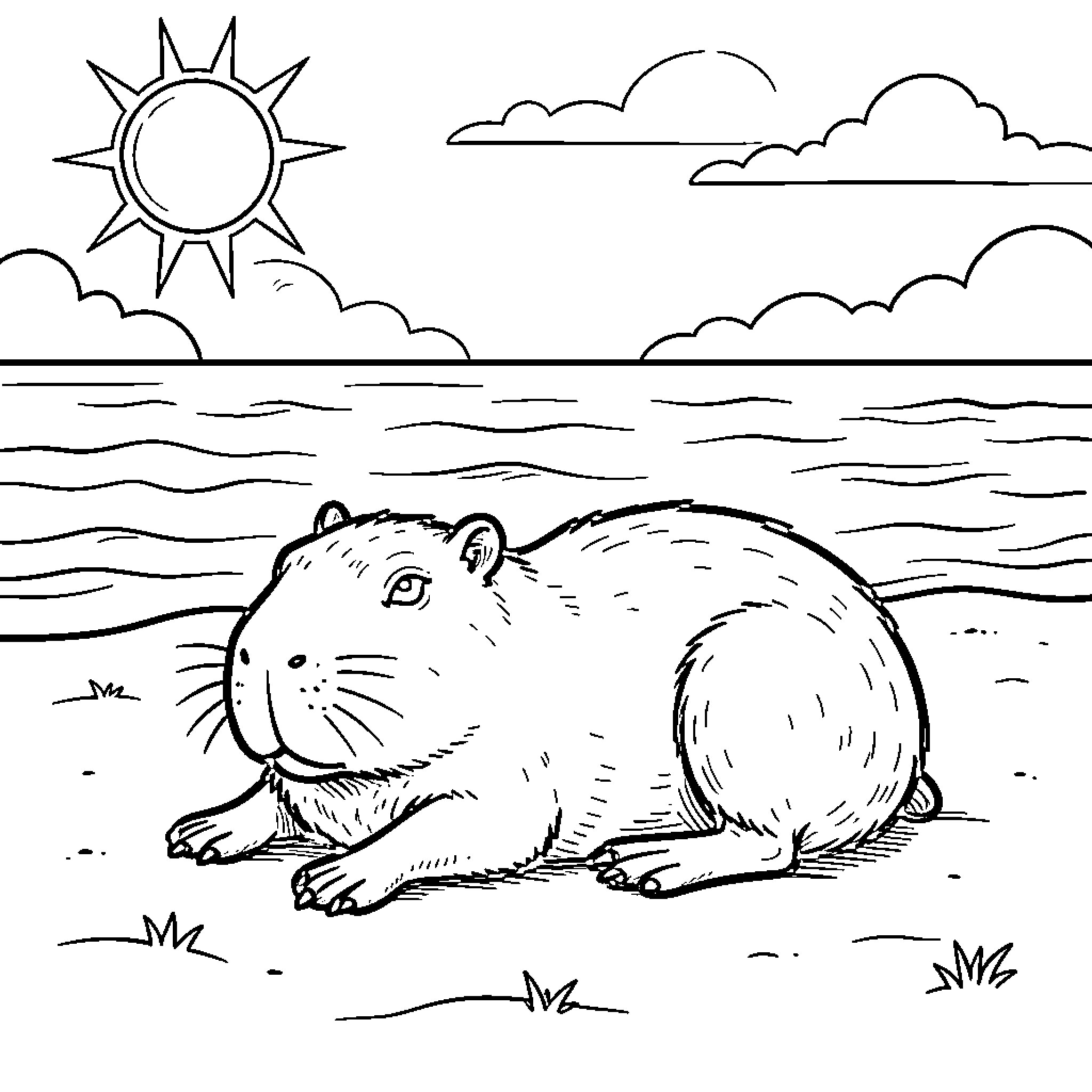 Capybara enjoying the sunny beach scene Coloring Page (free black-and-white line drawing printable PDF for all, from beginners to advanced learners, including children, teens, adults, and seniors)