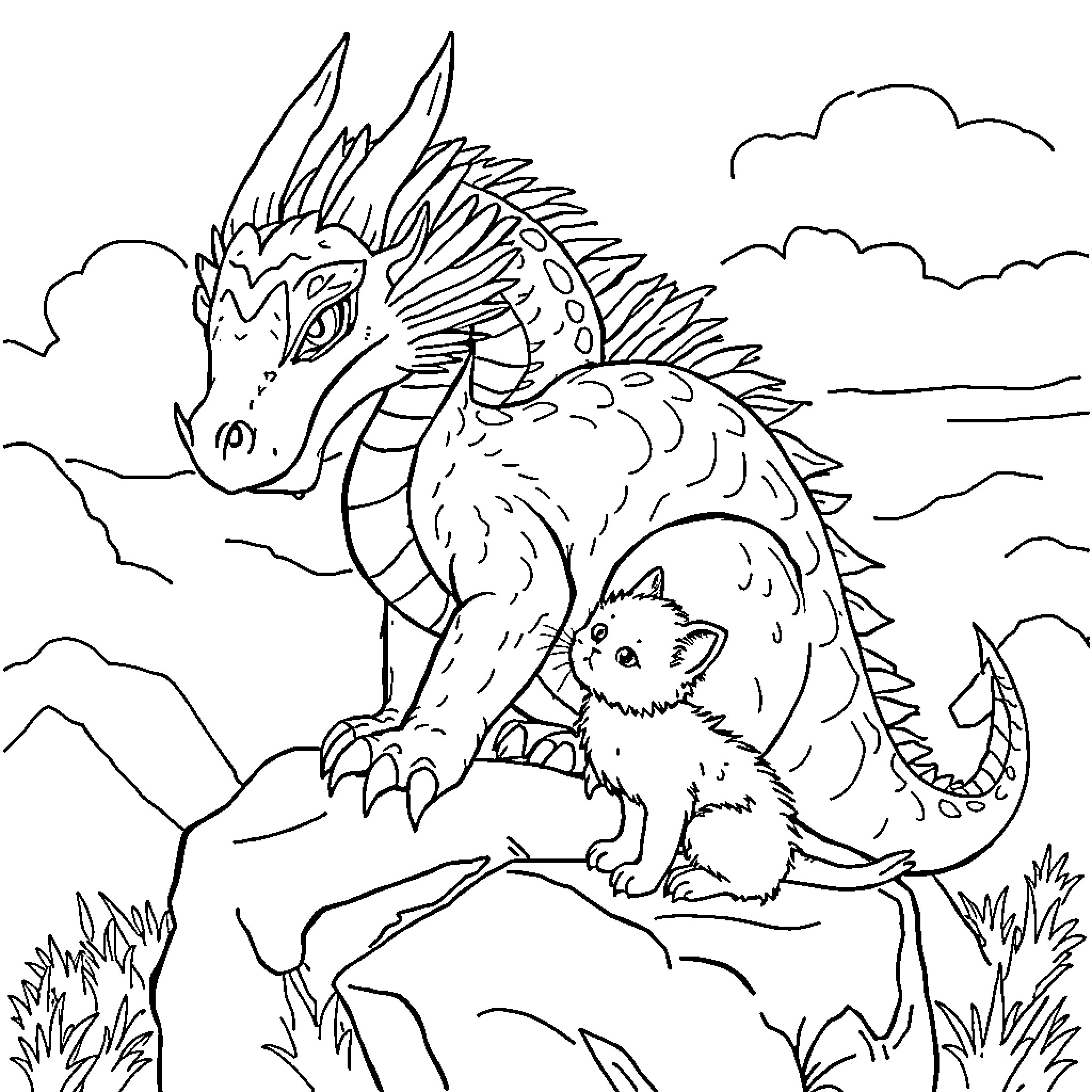Dragon defending its territory from a small creature Coloring Page (free black-and-white line drawing printable PDF for all, from beginners to advanced learners, including children, teens, adults, and seniors)
