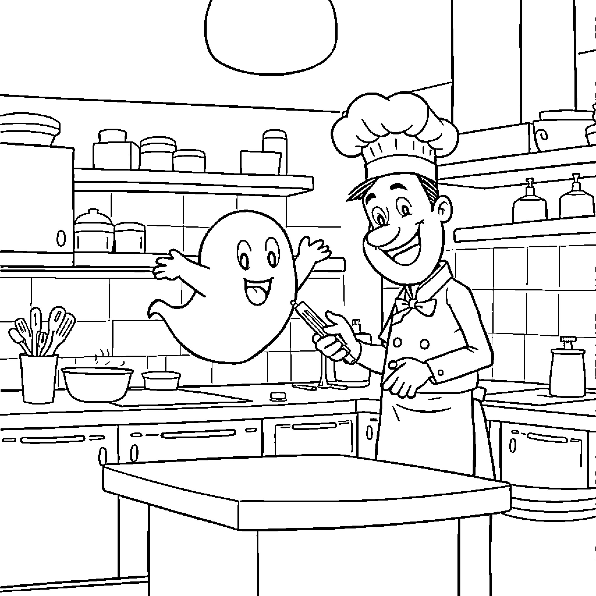 Ghost chef helps happy assistant in the kitchen Coloring Page (free black-and-white line drawing printable PDF for all, from beginners to advanced learners, including children, teens, adults, and seniors)