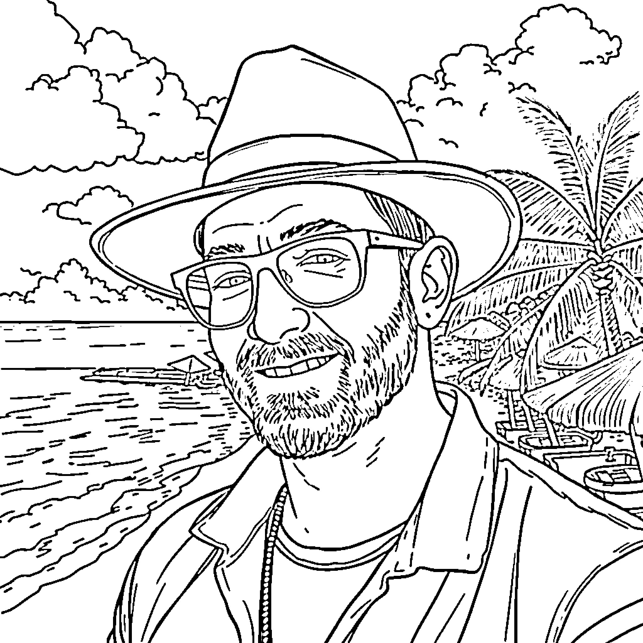 Man in hat and glasses enjoying tropical scenery Coloring Page (free black-and-white line drawing printable PDF for all, from beginners to advanced learners, including children, teens, adults, and seniors)