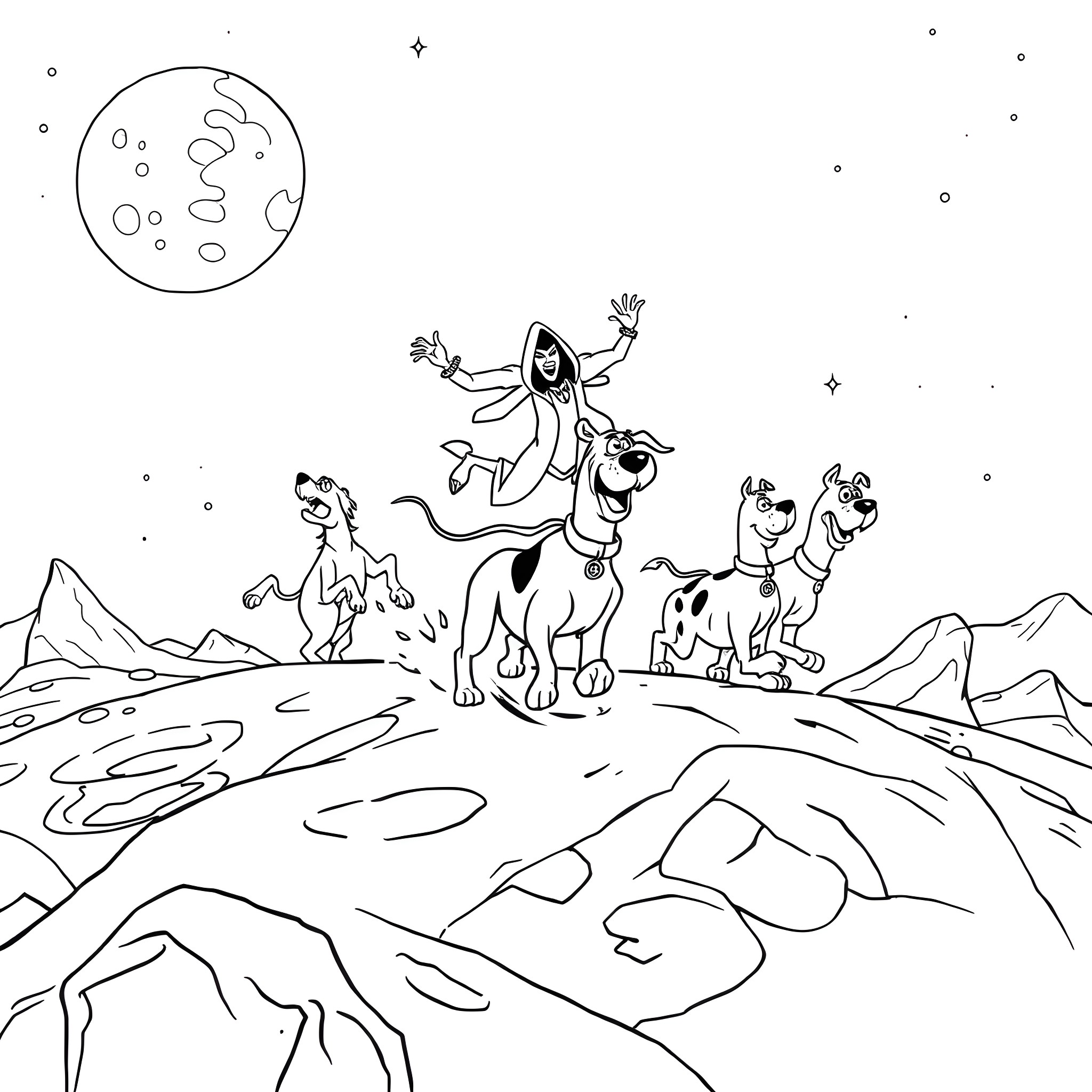 Scooby Doo and friends explore the moonlit landscape Coloring Page (free black-and-white line drawing printable PDF for all, from beginners to advanced learners, including children, teens, adults, and seniors)