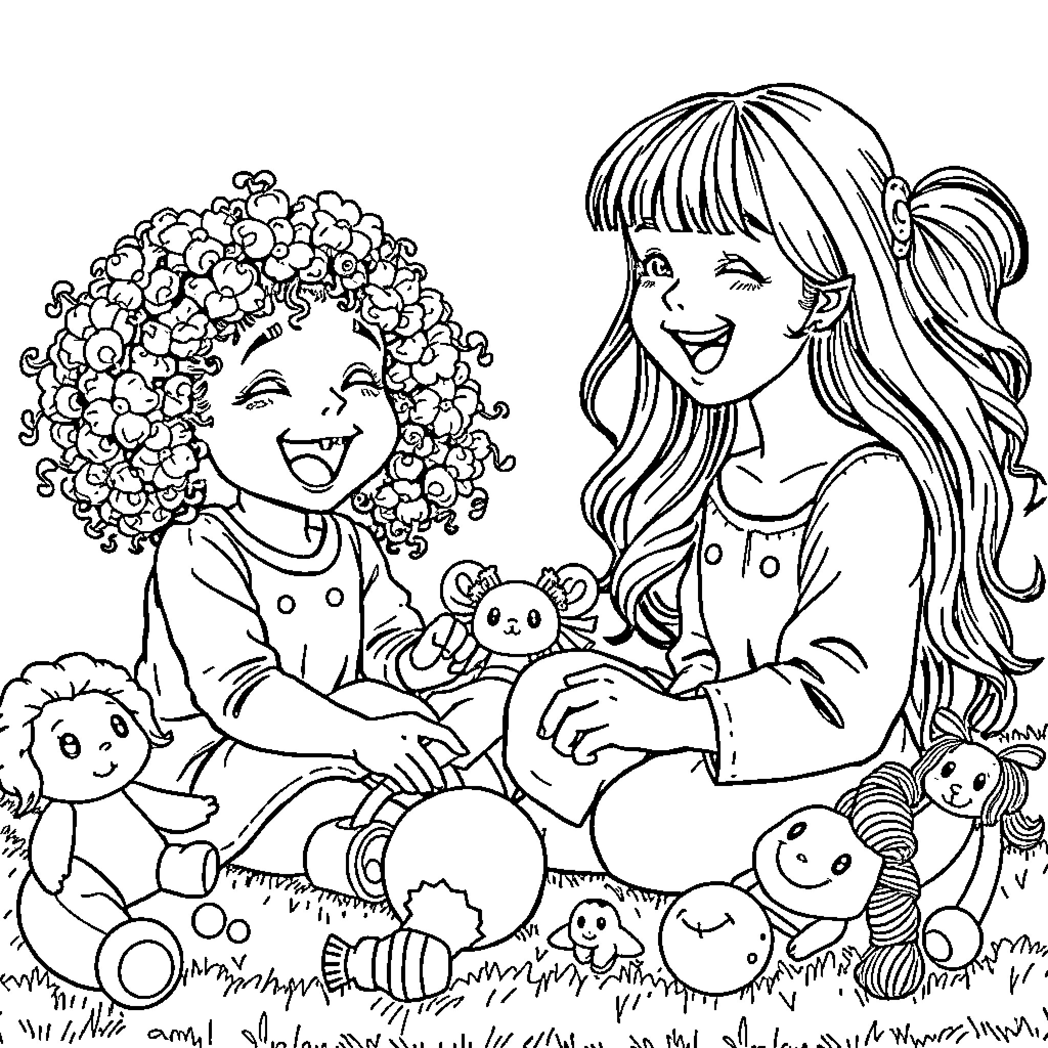 Girl friends having fun with toys in the park Coloring Page (free black-and-white line drawing printable PDF for all, from beginners to advanced learners, including children, teens, adults, and seniors)