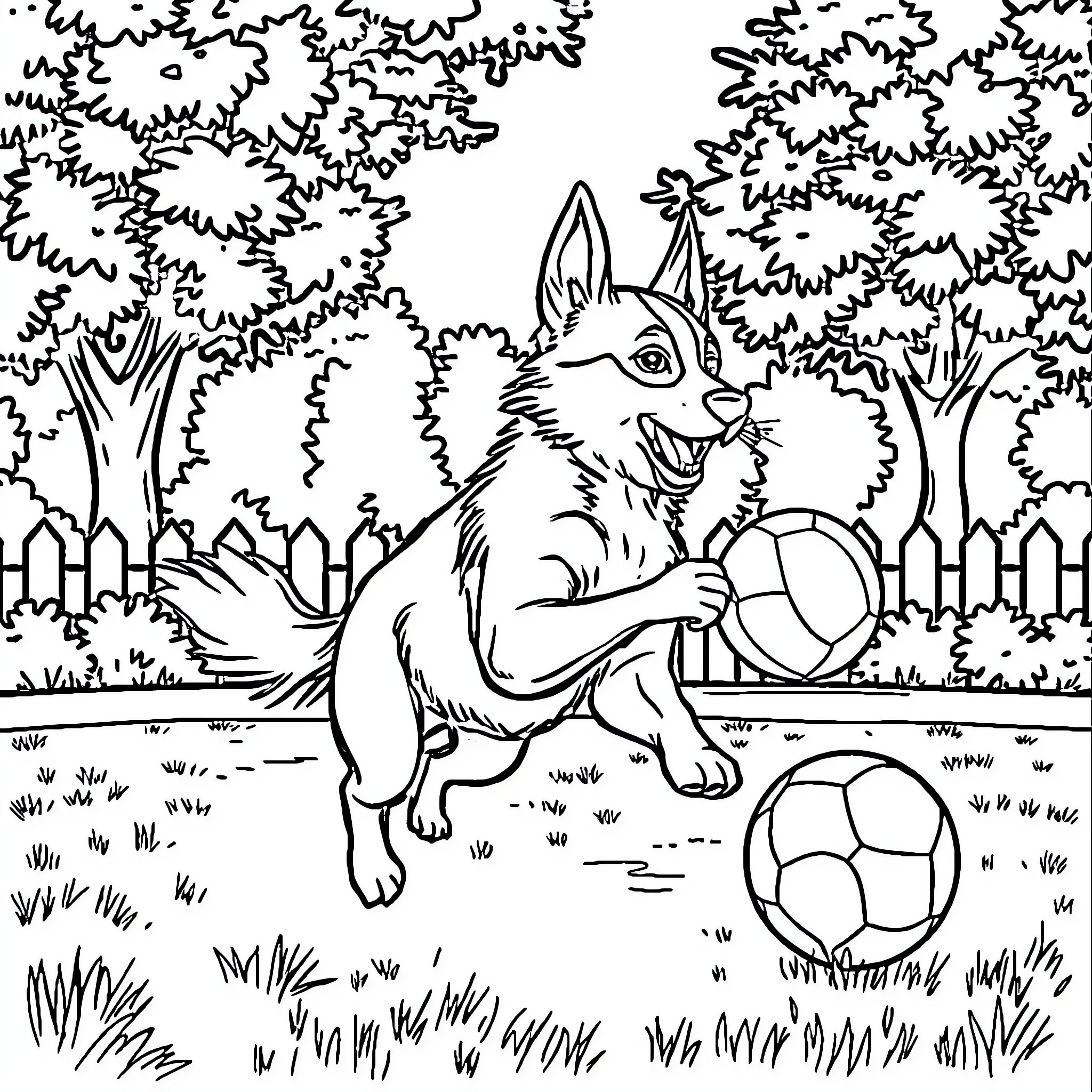 Perro jugando con pelotas en el parque Coloring Page (free black-and-white line drawing printable PDF for all, from beginners to advanced learners, including children, teens, adults, and seniors)