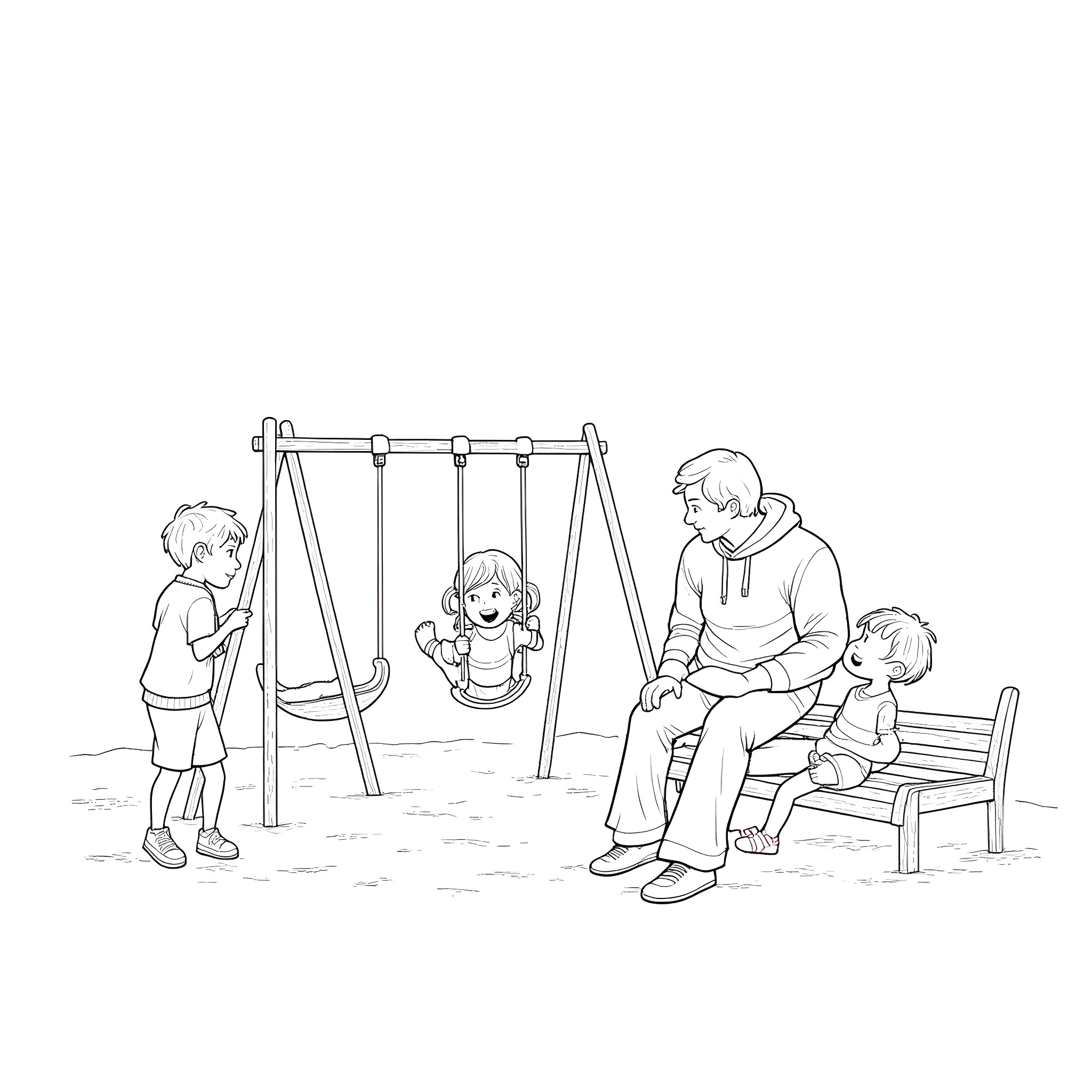 Child playing on swings with family Coloring Page (free black-and-white line drawing printable PDF for all, from beginners to advanced learners, including children, teens, adults, and seniors)