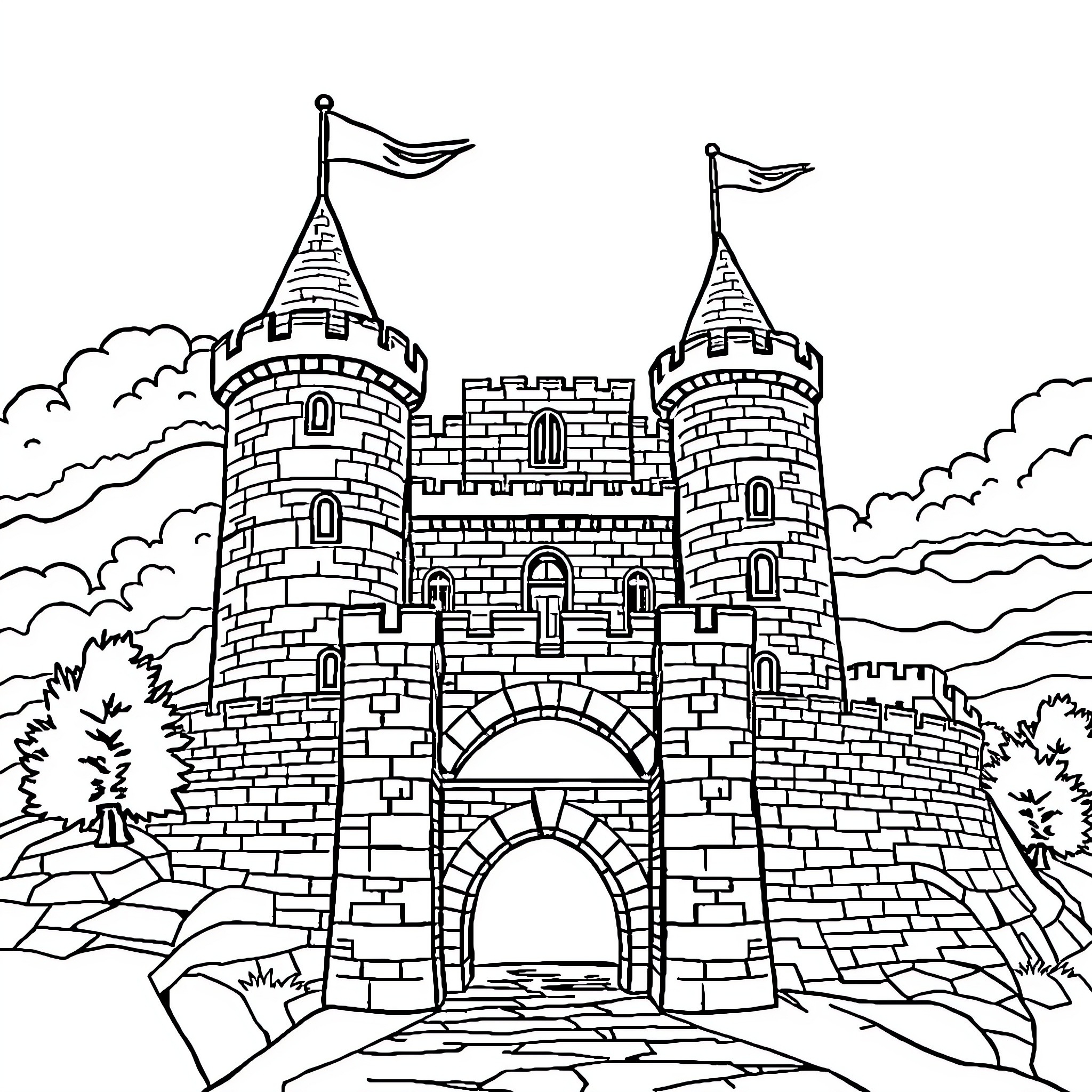 Castle with Flags Overlooking Landscape Coloring Page (free black-and-white line drawing printable PDF for all, from beginners to advanced learners, including children, teens, adults, and seniors)