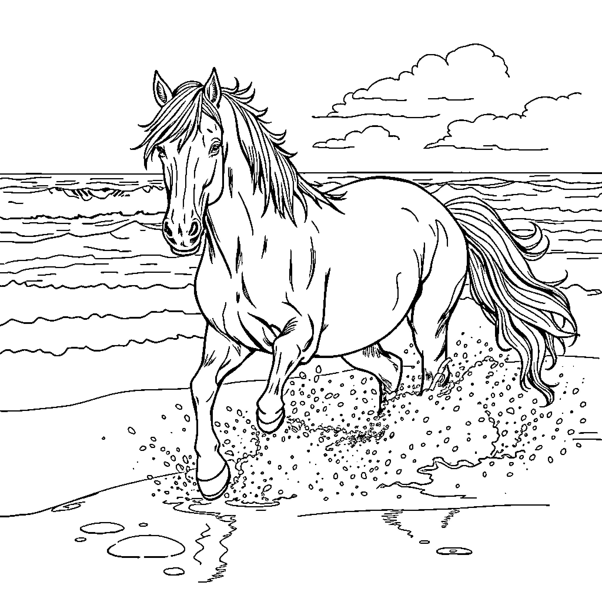 Horse Running Freely on the Beach Coloring Page (free black-and-white line drawing printable PDF for all, from beginners to advanced learners, including children, teens, adults, and seniors)