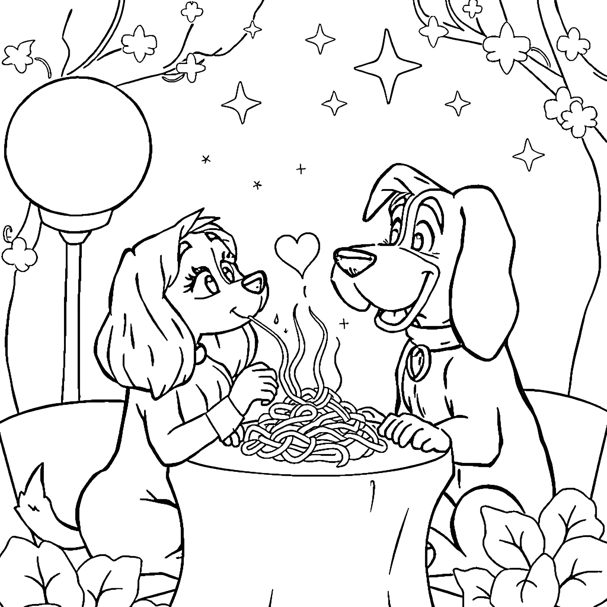 Lady And The Tramp Sharing Spaghetti Dinner Under The Stars Coloring Page (free black-and-white line drawing printable PDF for all, from beginners to advanced learners, including children, teens, adults, and seniors)