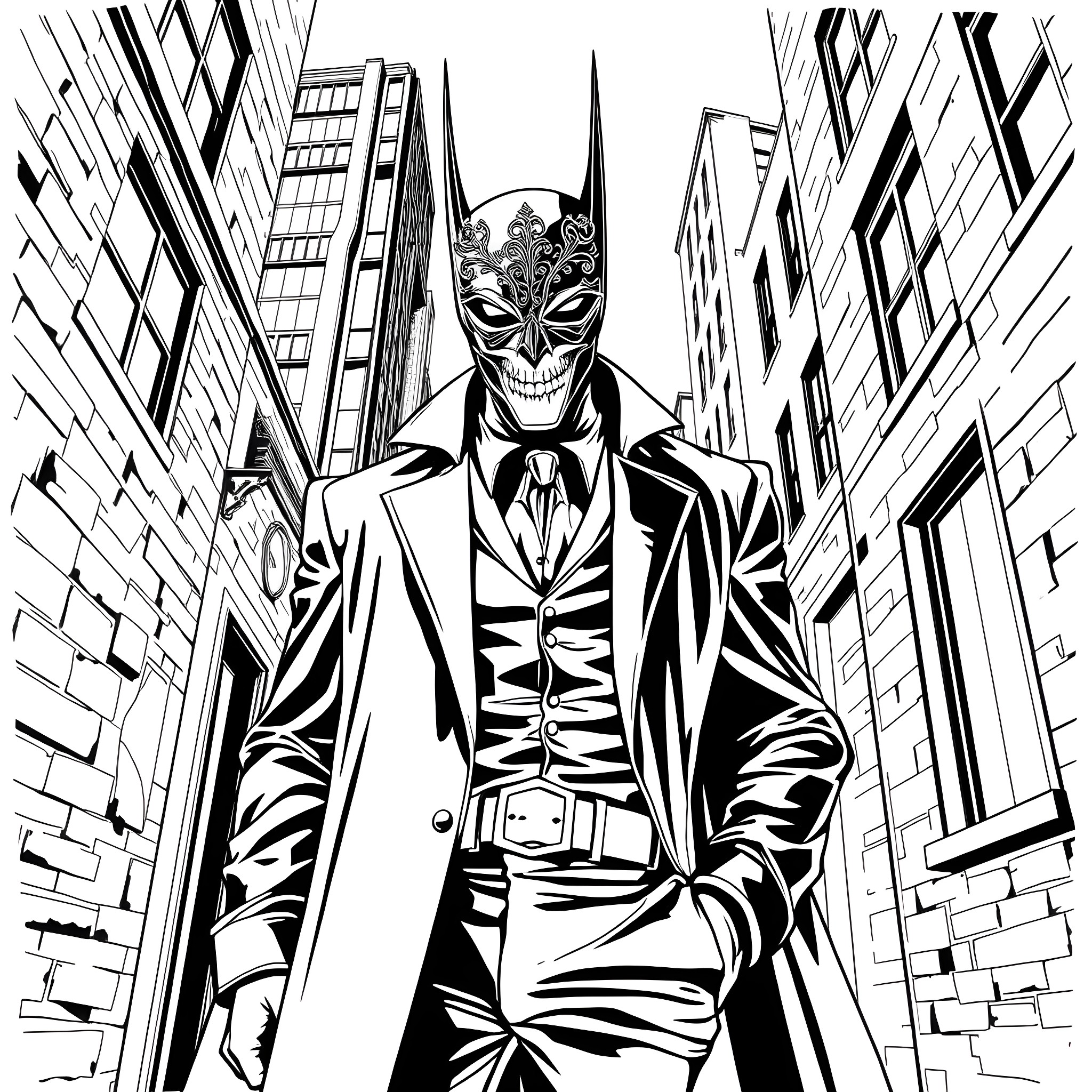 Mask of the Dark Knight in the City Coloring Page (free black-and-white line drawing printable PDF for all, from beginners to advanced learners, including children, teens, adults, and seniors)