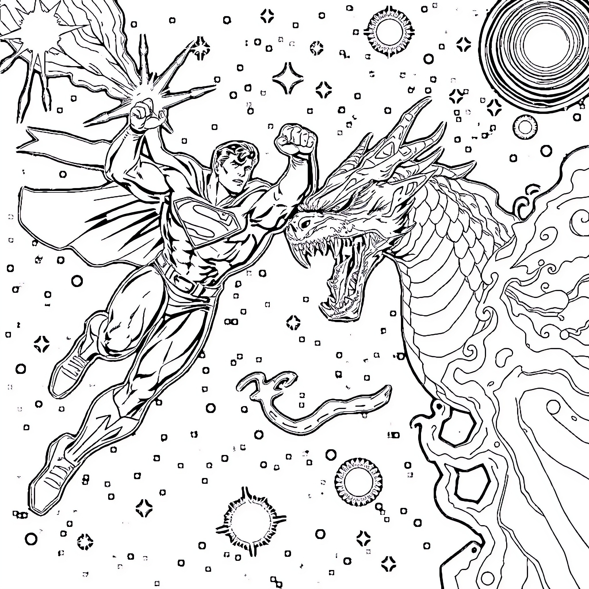 Superman fighting a mythical dragon in the cosmos Coloring Page (free black-and-white line drawing printable PDF for all, from beginners to advanced learners, including children, teens, adults, and seniors)