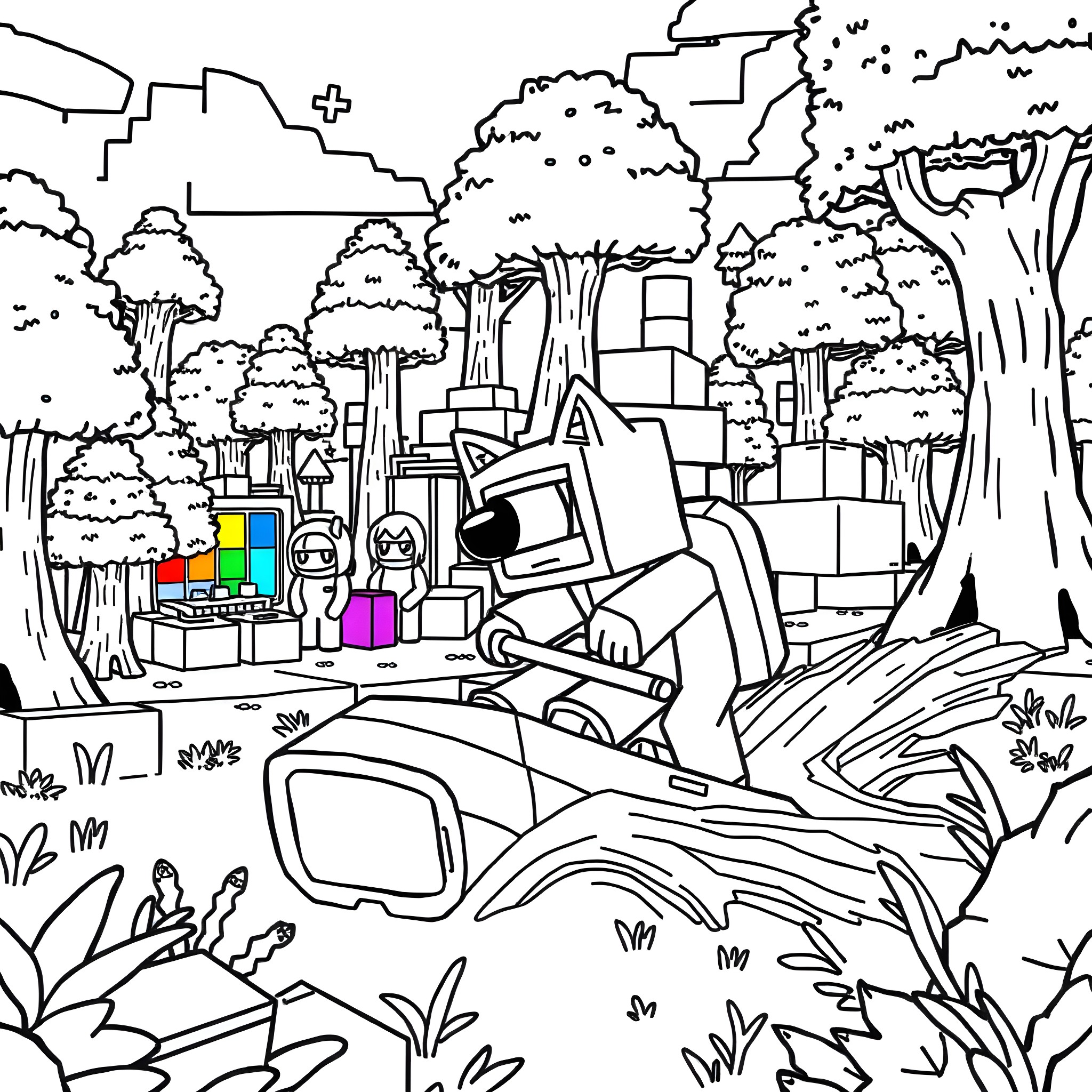 Aphmau's Animated Adventure in a Fantastical Landscape Coloring Page (free black-and-white line drawing printable PDF for all, from beginners to advanced learners, including children, teens, adults, and seniors)