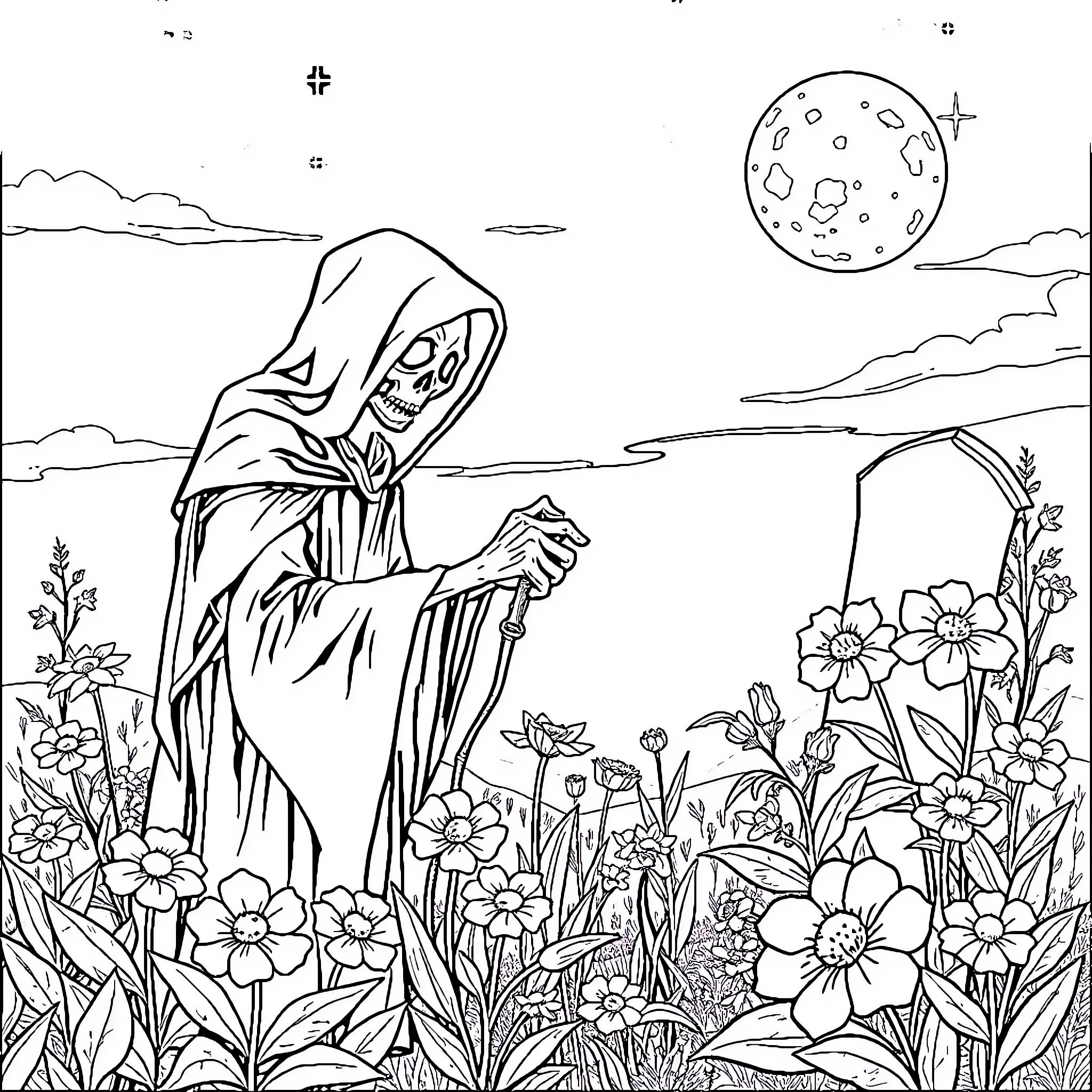 Grim Reaper Stalking Through Floral Landscape Coloring Page (free black-and-white line drawing printable PDF for all, from beginners to advanced learners, including children, teens, adults, and seniors)